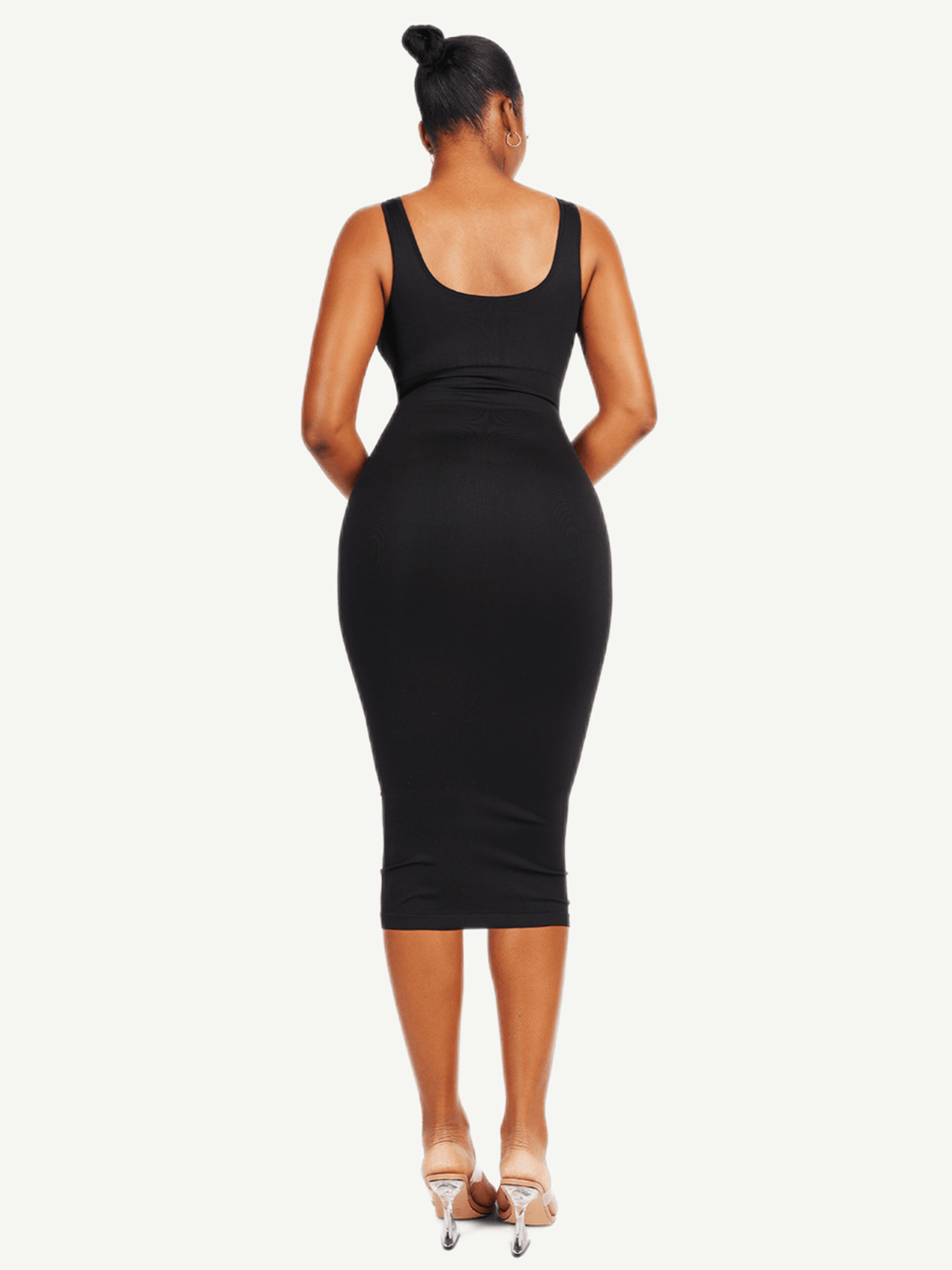 u-back shapewear dress black bodycon midi with open back, gentle tummy support and flattering hourglass silhouette