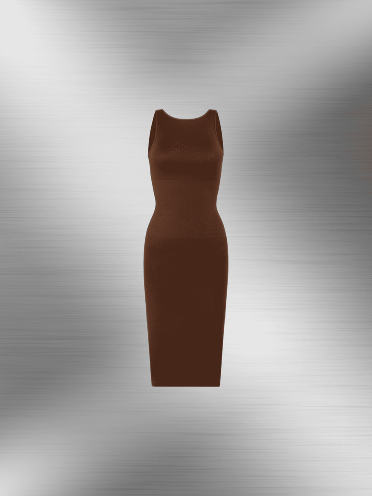 u-back shapewear dress in brown, sleeveless bodycon maxi silhouette with light tummy control and smooth fit