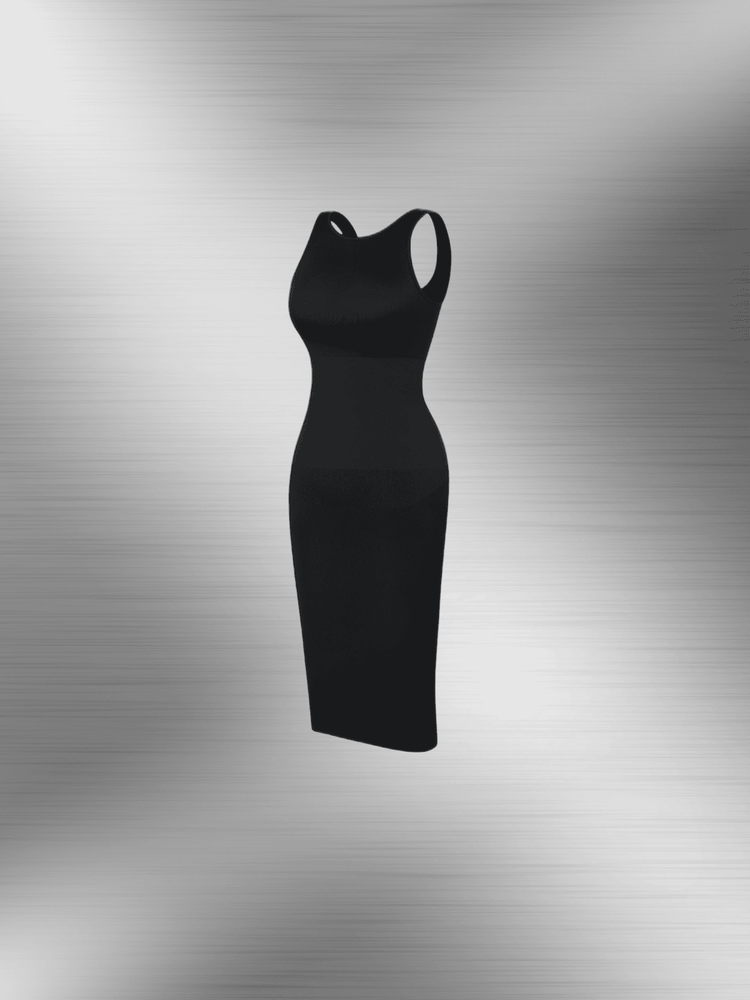 Black u-back shapewear dress with body-hugging maxi silhouette and light control tummy support