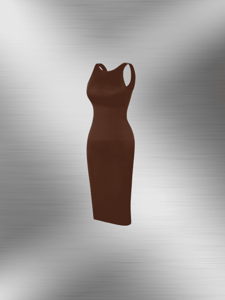 u-back shapewear dress, brown open-back control body dress with sleek maxi silhouette and light tummy support
