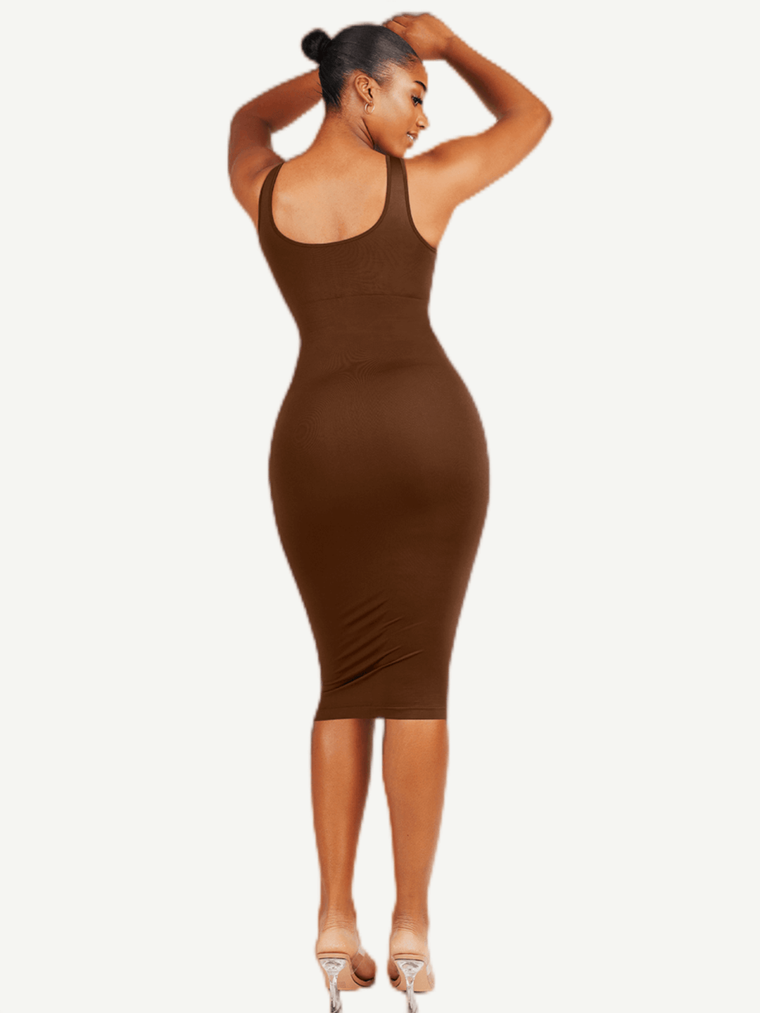 u-back shapewear dress, brown open-back control body dress with light tummy support and sleek midi fit