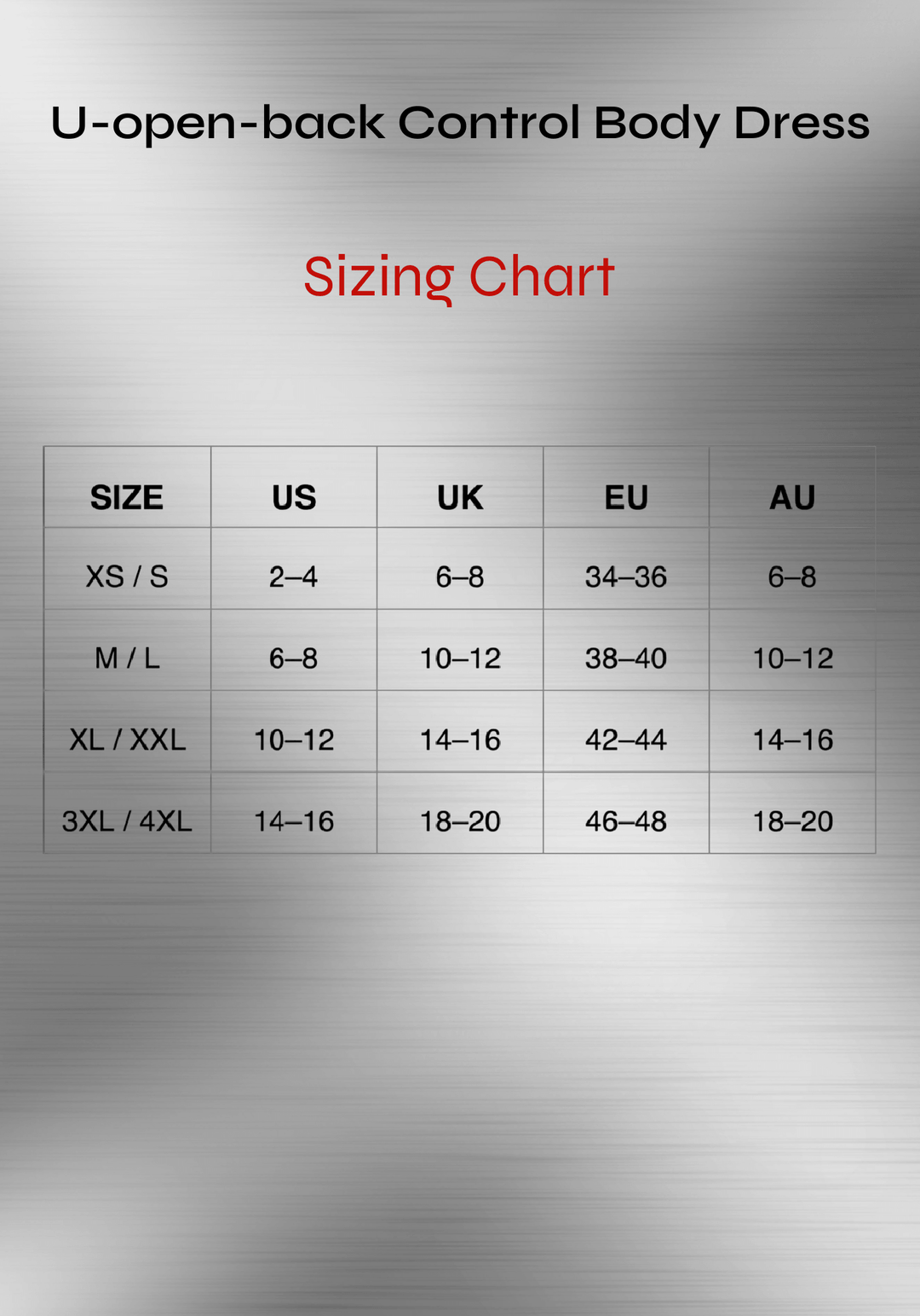U-open-back Control Body Dress sizing chart for u-back shapewear dress with size conversions US, UK, EU, and AU