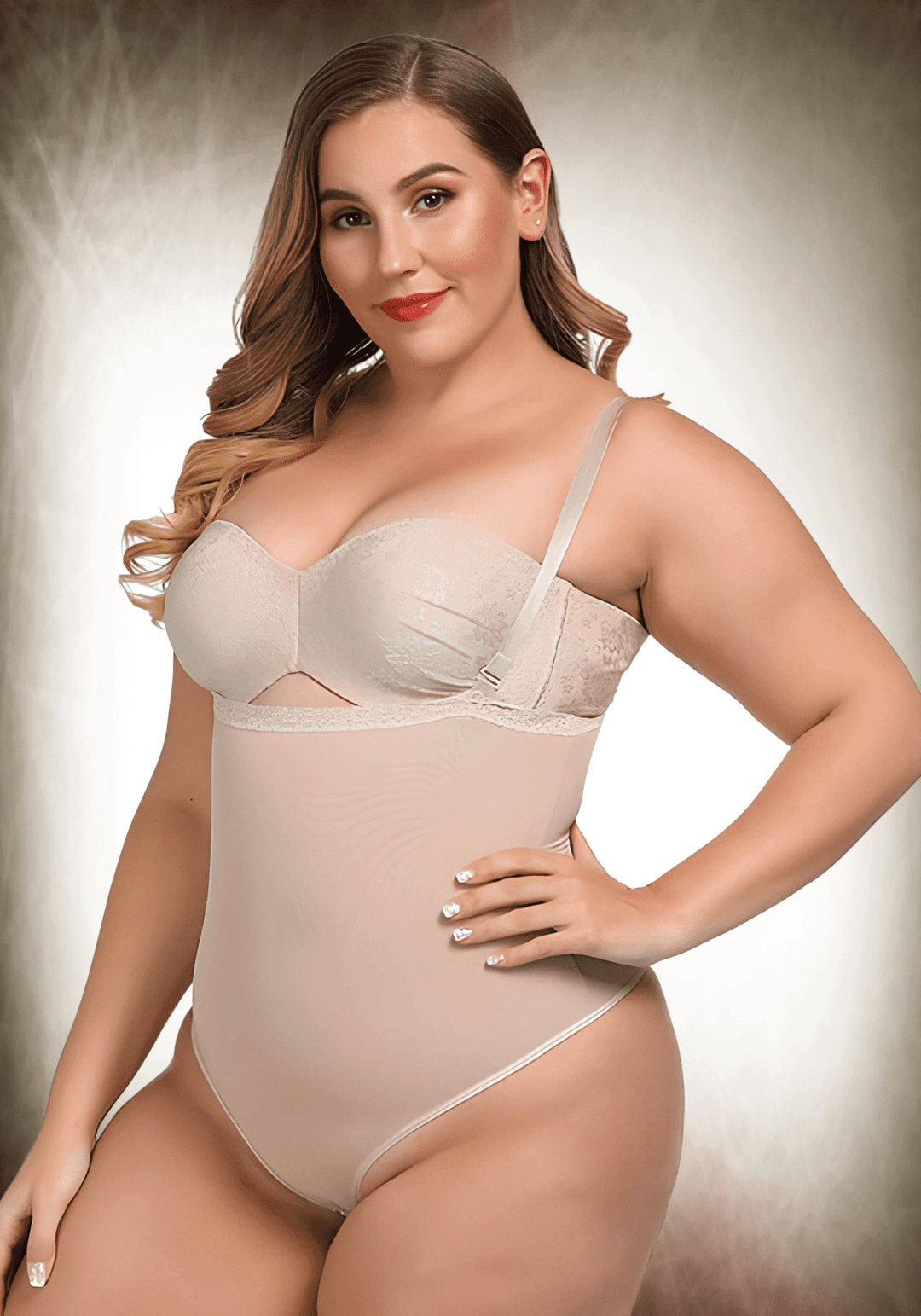 Model wearing underbust shapewear bodysuit with open bust, adjustable straps, and medium tummy control