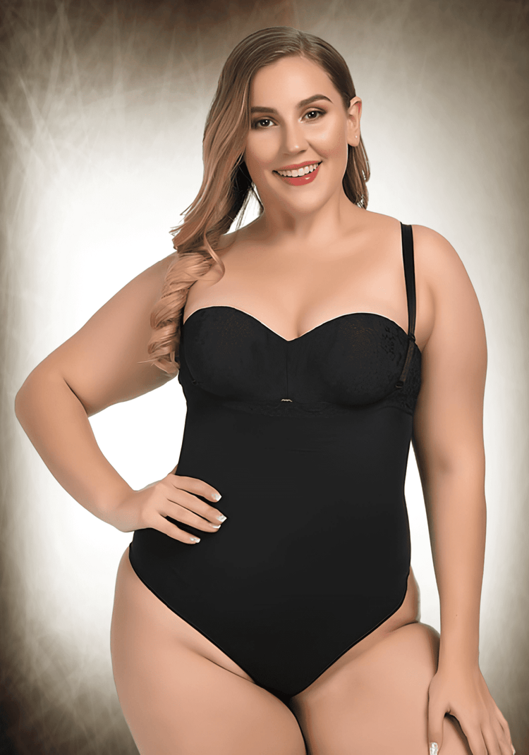 underbust shapewear bodysuit with adjustable straps, open bust fit, tummy control, and thong design