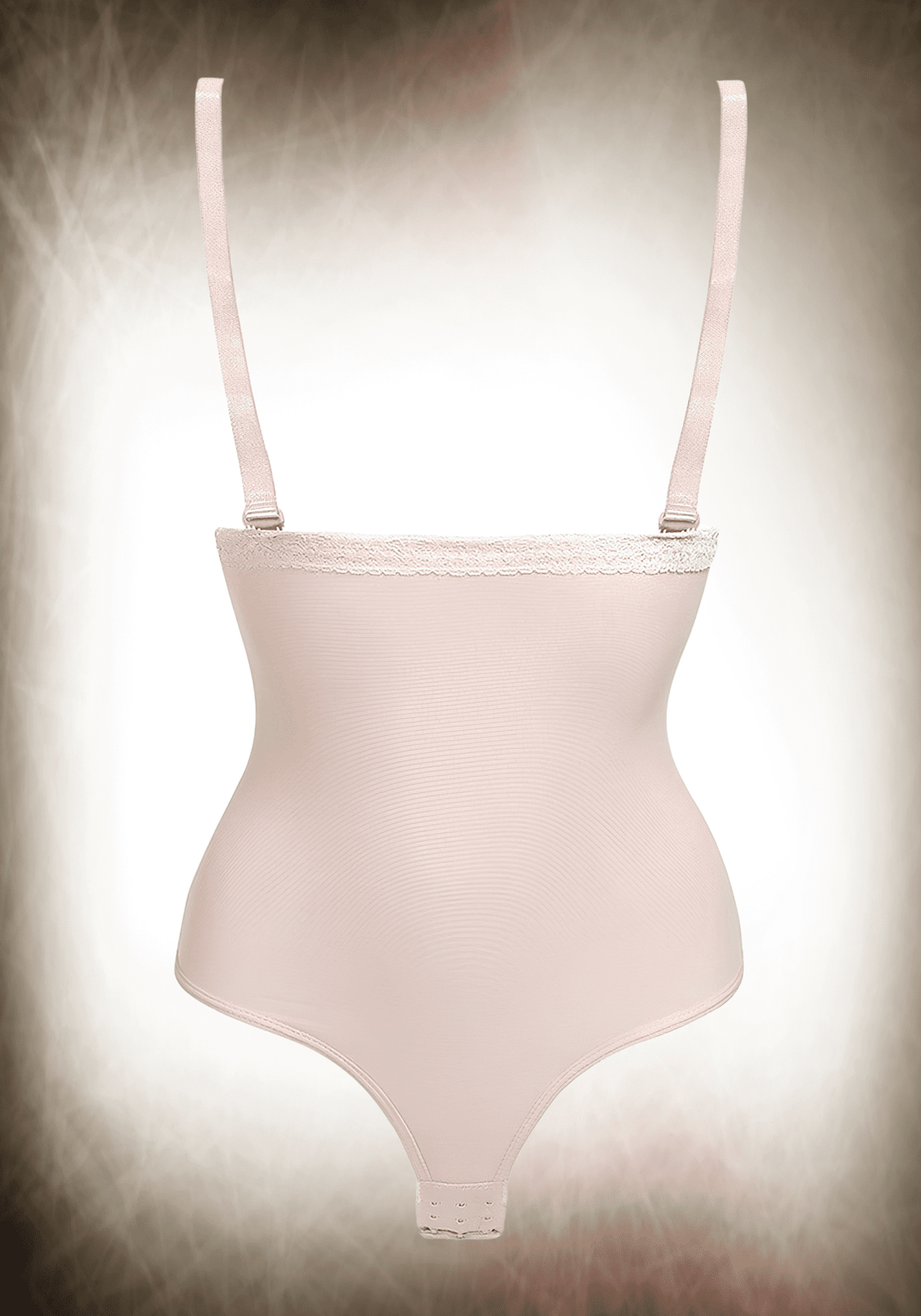 Underbust shapewear bodysuit with adjustable straps, open bust, tummy control, and thong design in nude