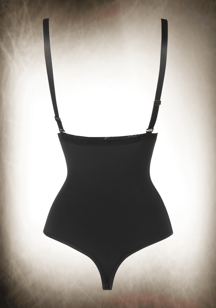 underbust shapewear bodysuit with adjustable straps, open bust thong design, and medium tummy control
