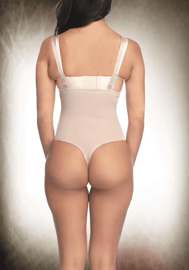 Underbust shapewear bodysuit with adjustable straps and thong design for tummy control and waist cinching