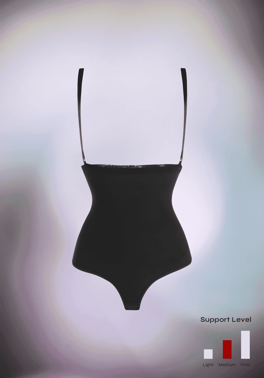 underbust shapewear bodysuit with adjustable straps, medium tummy control, open-bust thong design, black