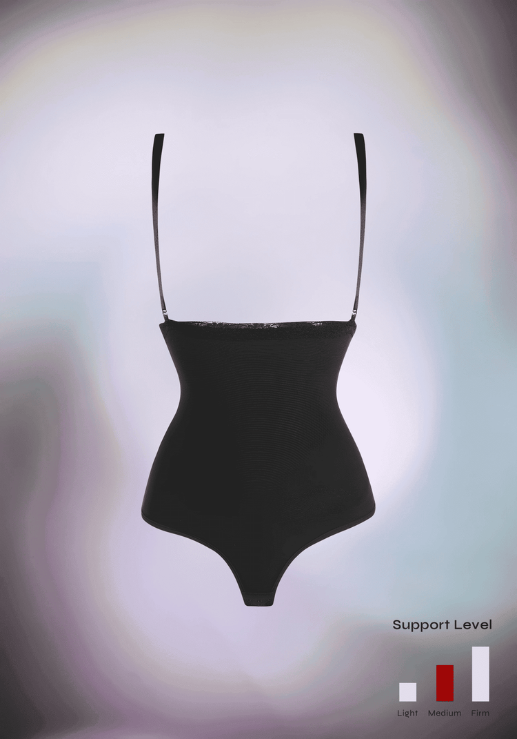 underbust shapewear bodysuit with adjustable straps, medium tummy control, open-bust thong design, black