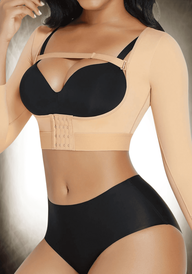 Upper arm slimming body shaper with open bust design, firm compression, and sleeve support for a smoother, slimmer silhouette.