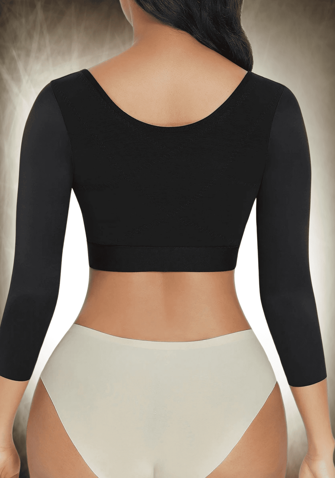 upper arm slimming body shaper with open bust U-shape design for firm compression and a slimmer back view