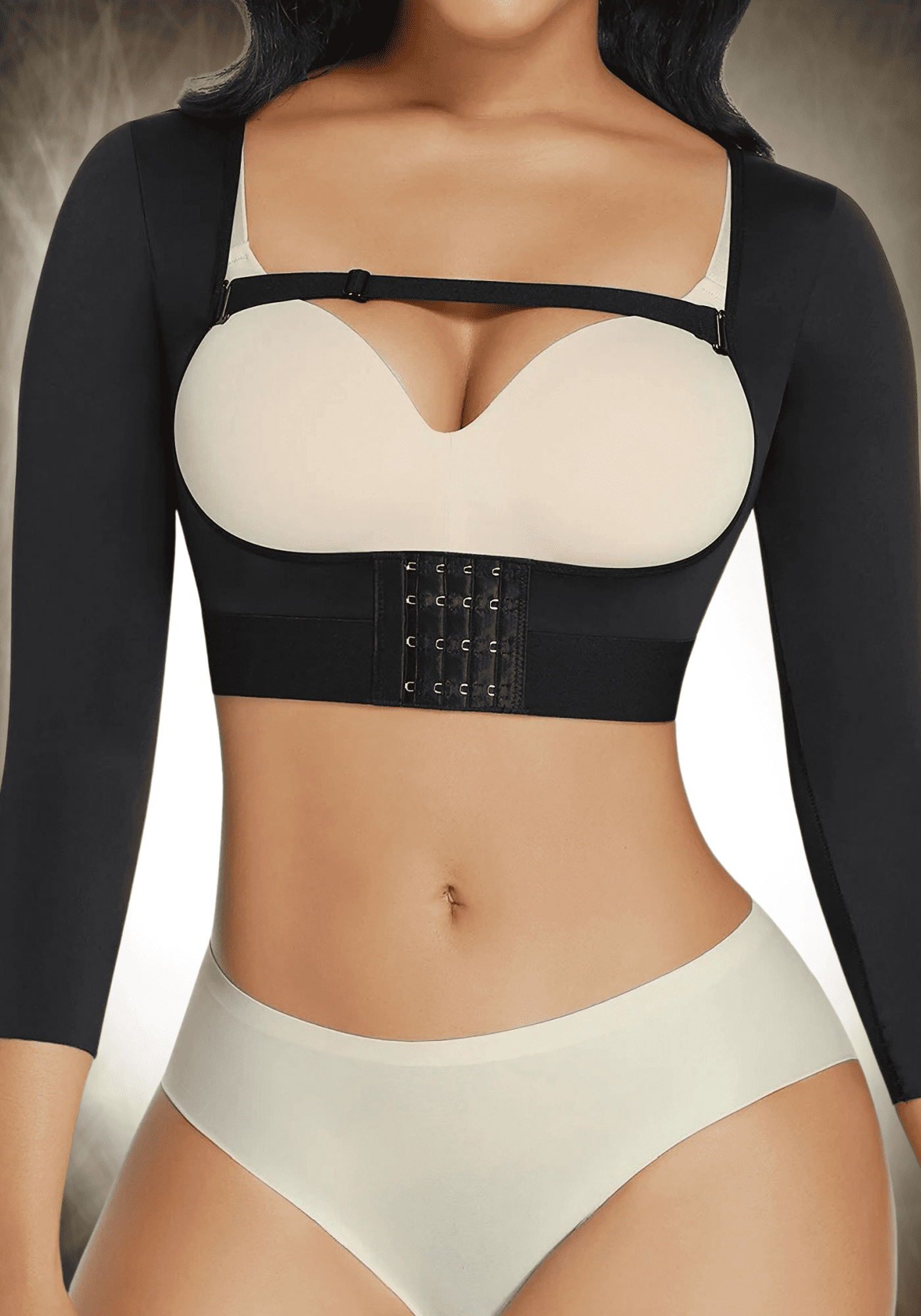 Upper body model wearing upper arm slimming body shaper with open bust design and firm compression for a slimmer silhouette