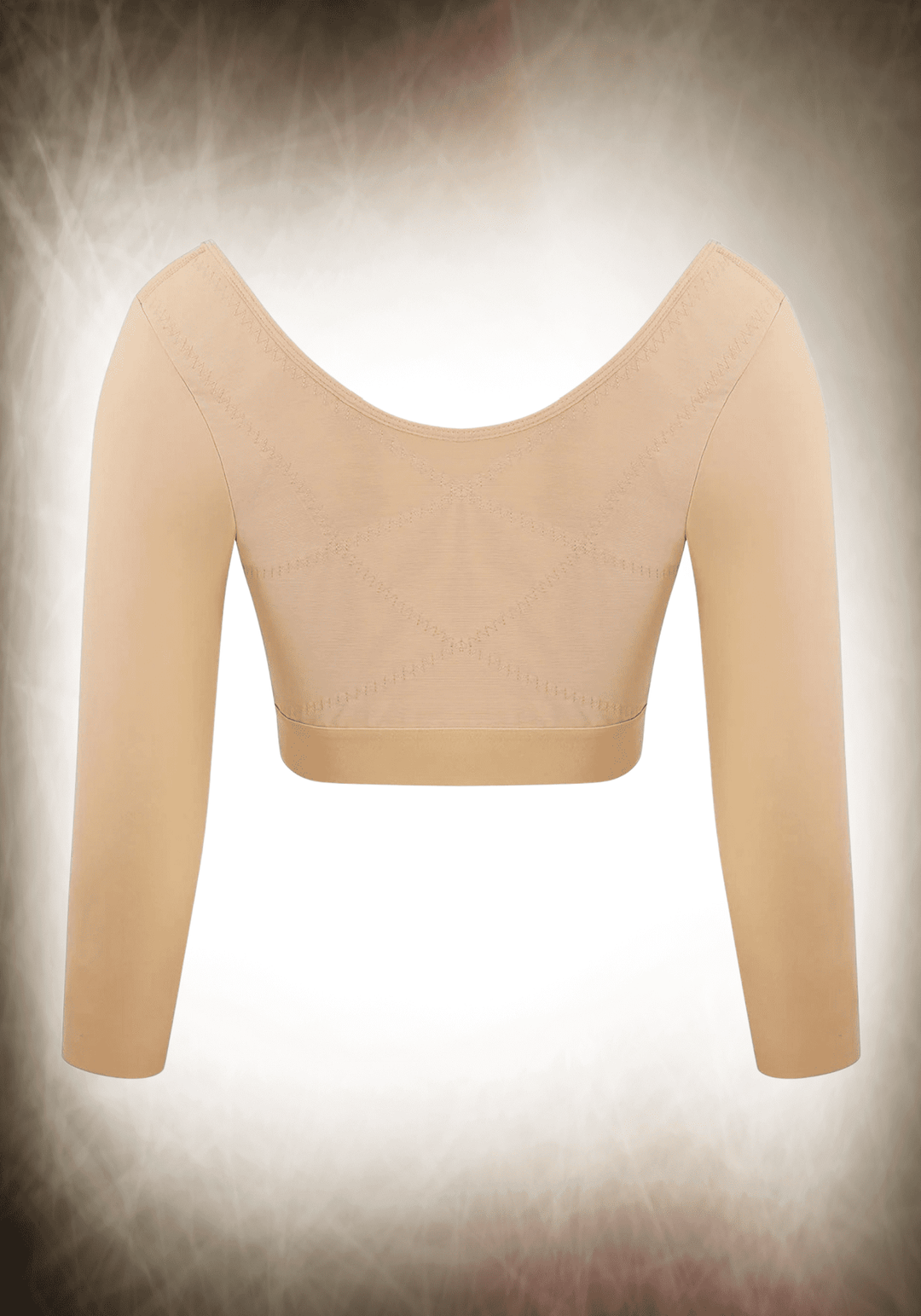 upper arm slimming body shaper with open bust U-shape design, long sleeves, firm compression, and a smooth slimming fit