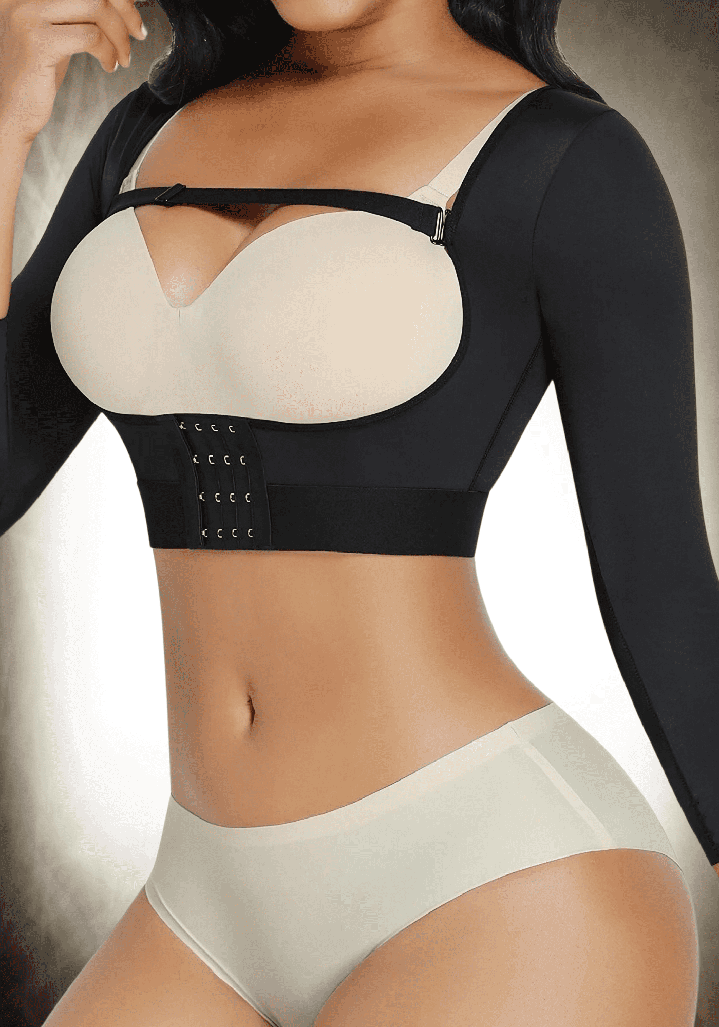 upper arm slimming body shaper black compression top with open bust design for firmer arms, back, and upper body shaping