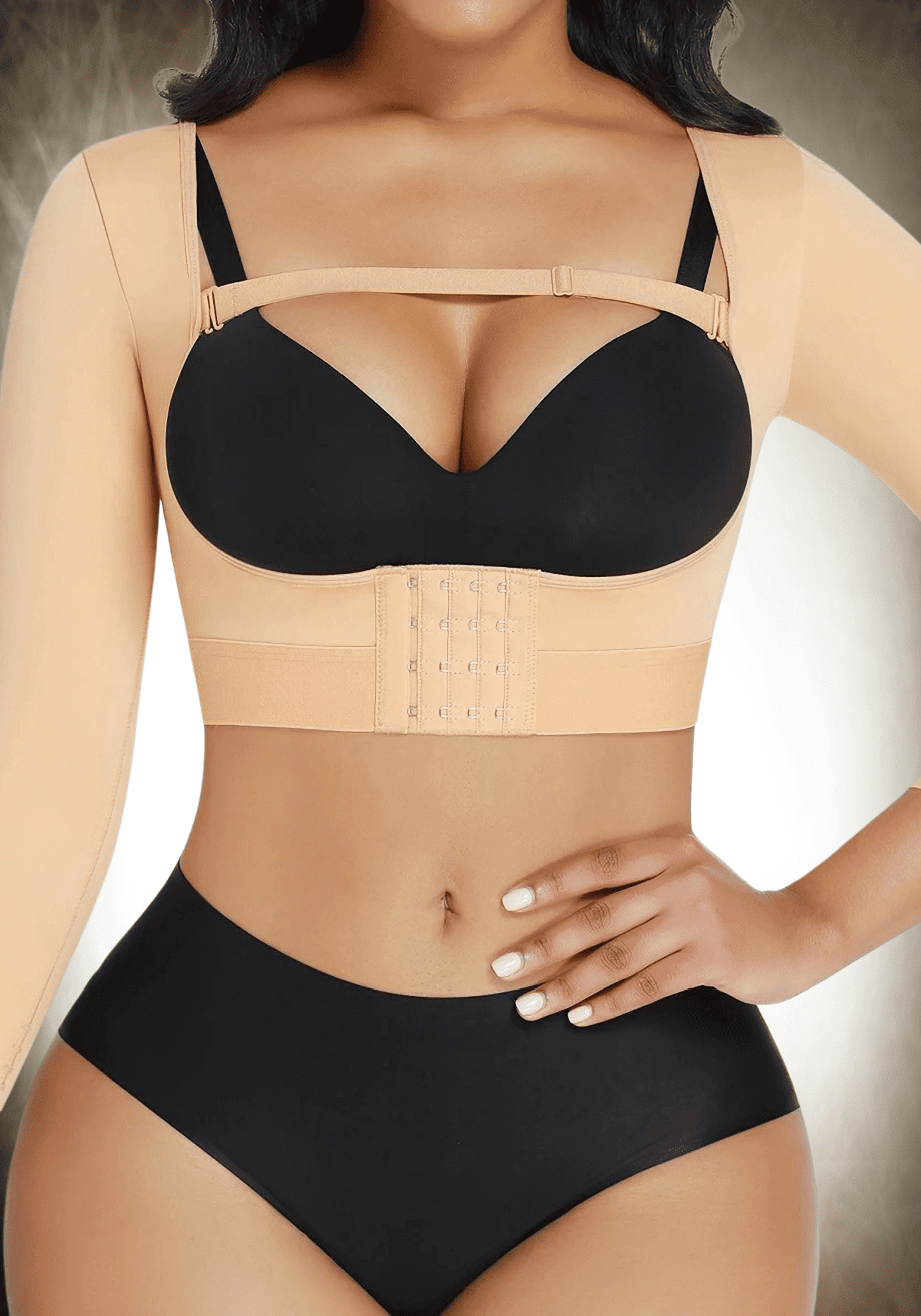 Upper arm slimming body shaper with open bust design and firm compression for slimmer arms, back, and upper body