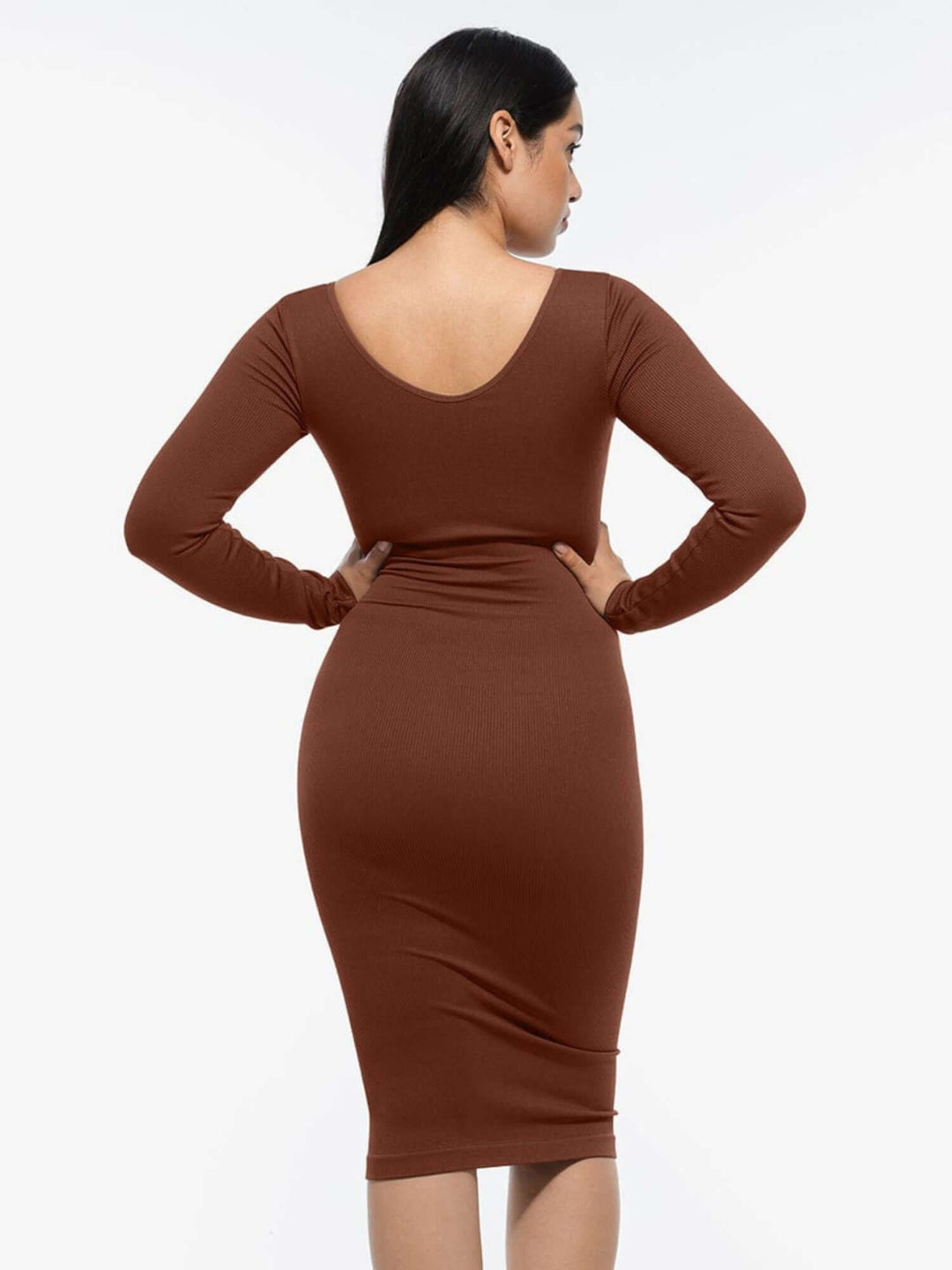 v-neck long sleeve body shaper dress in brown midi style, flattering fitted back view for casual glam wear