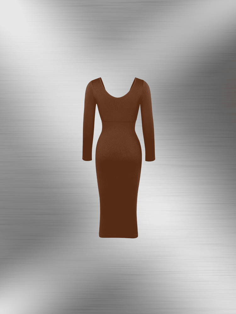 v-neck long sleeve body shaper dress in brown, fitted midi silhouette with long sleeves and flattering V-neckline