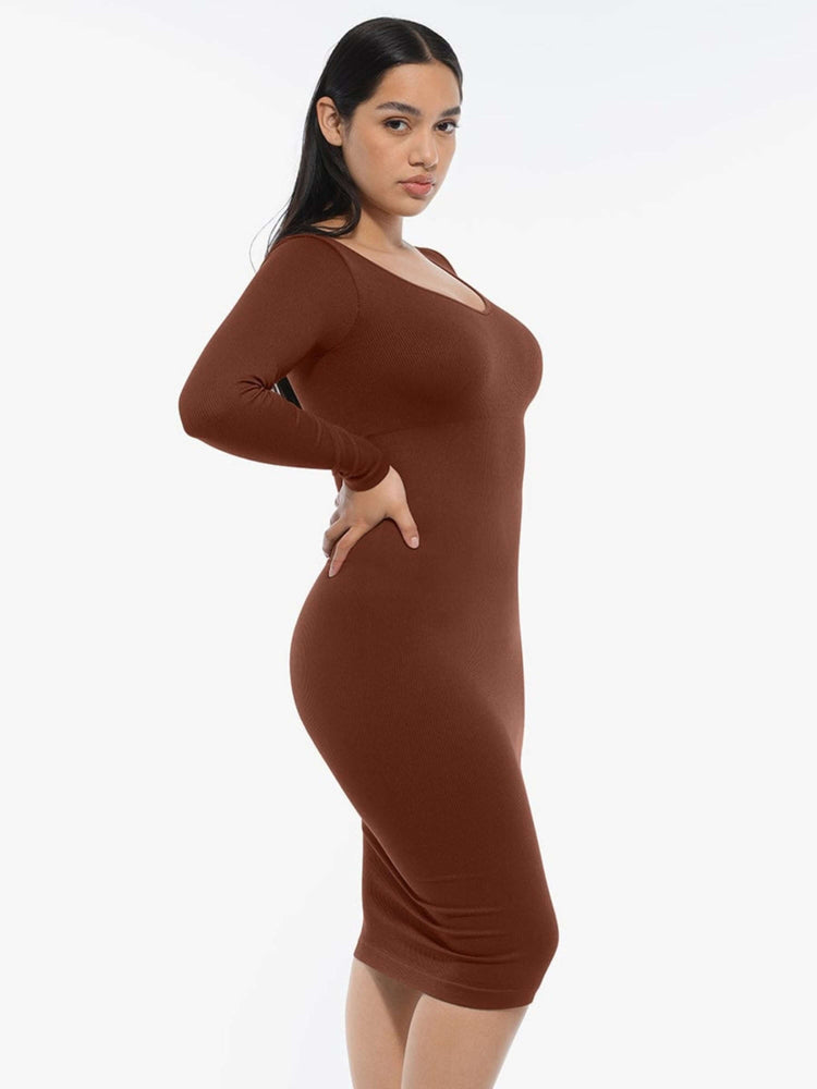 v-neck long sleeve body shaper dress in brown, figure-flattering midi dress with long sleeves and a sleek fitted silhouette