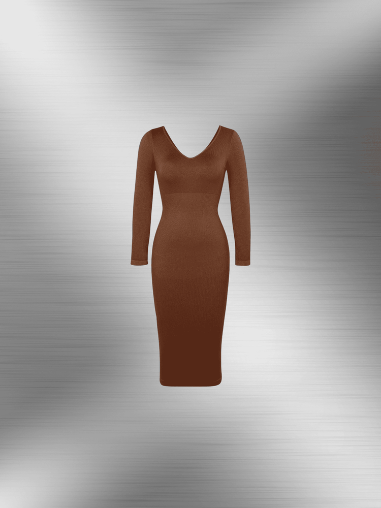 v-neck long sleeve body shaper dress in brown, flattering midi silhouette with long sleeves and deep V-neckline