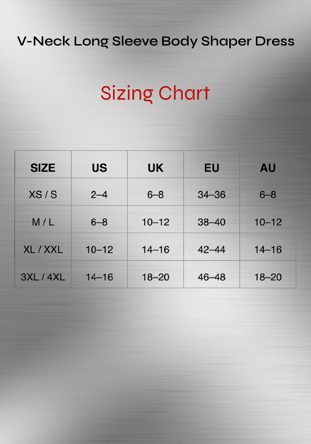 v-neck long sleeve body shaper dress sizing chart with US, UK, EU, and AU size conversions