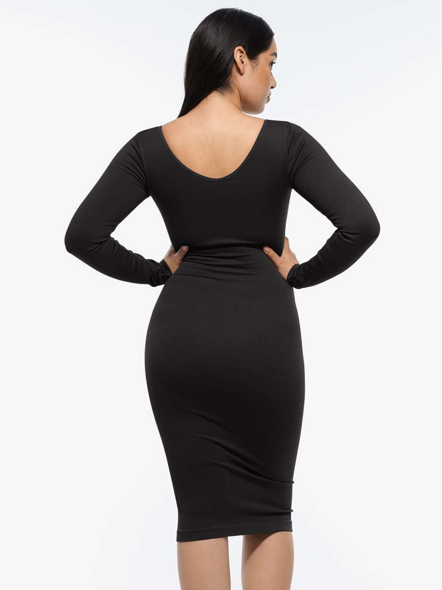 v-neck long sleeve body shaper dress black midi dress with flattering fit and sculpting silhouette