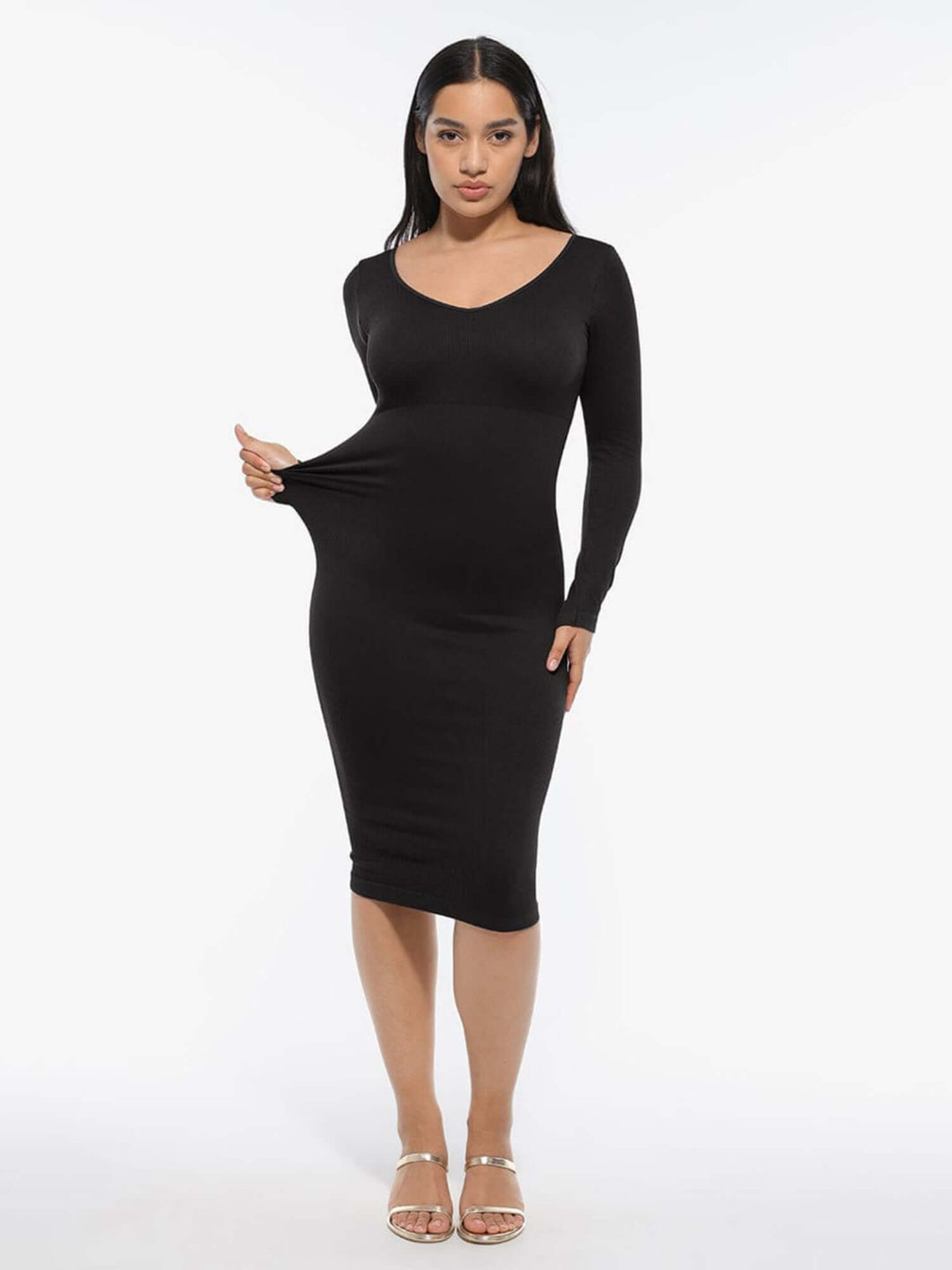 v-neck long sleeve body shaper dress in black, flattering midi fit with long sleeves and V-neckline for everyday wear