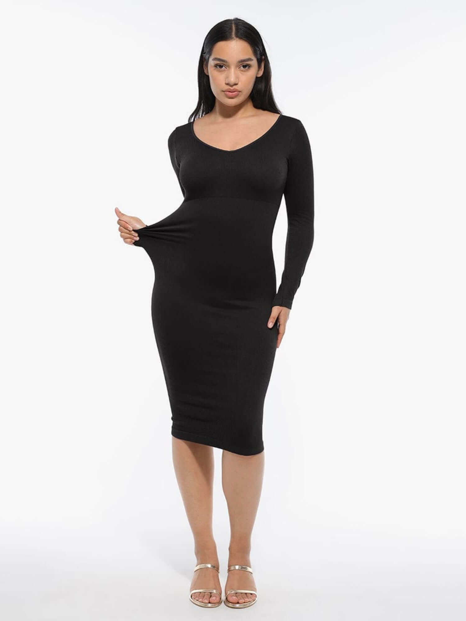 v-neck long sleeve body shaper dress in black, flattering midi fit with long sleeves and V-neckline for everyday wear