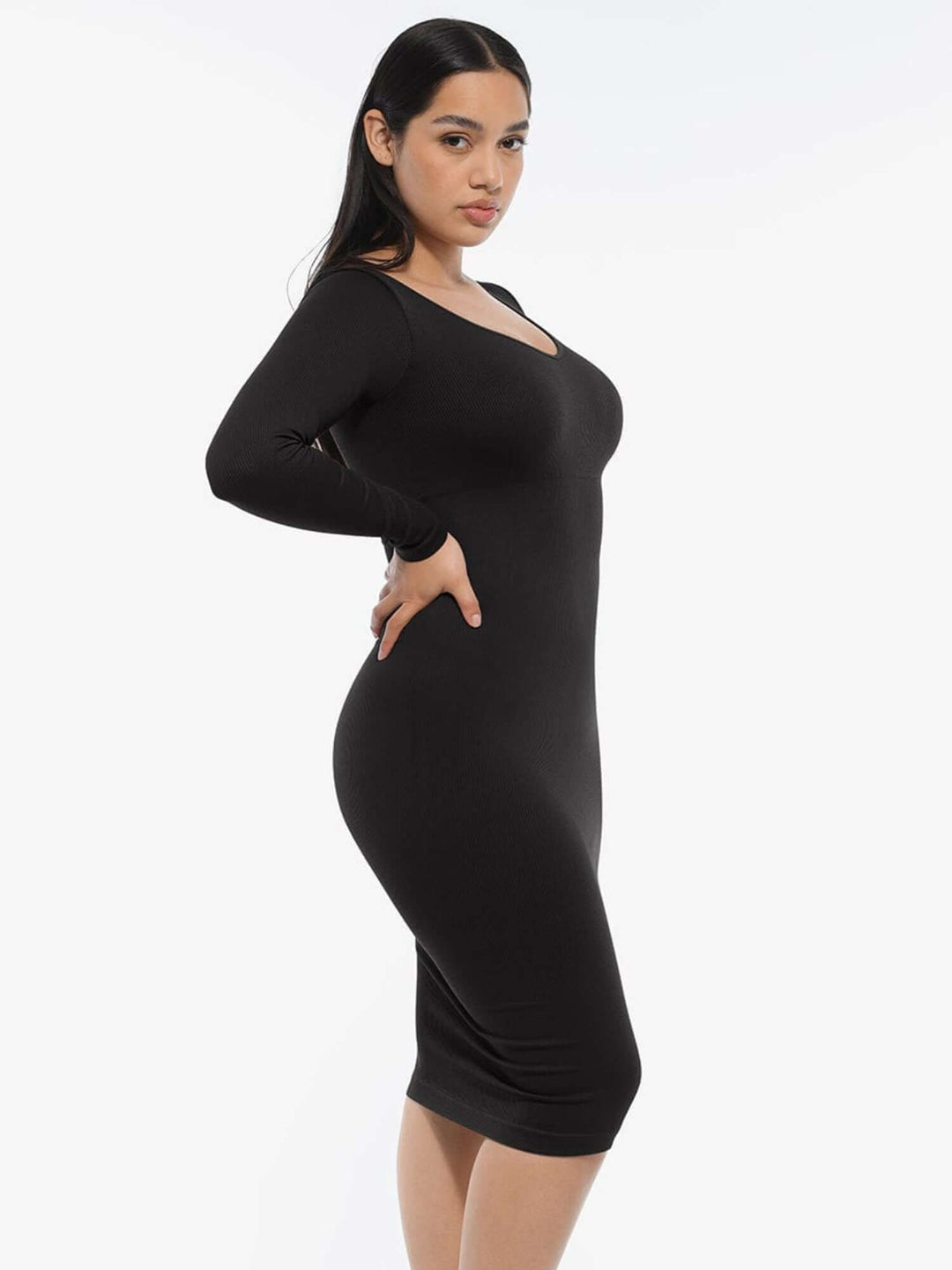 v-neck long sleeve body shaper dress in black, flattering midi fit with figure-smoothing silhouette and elegant V-neckline