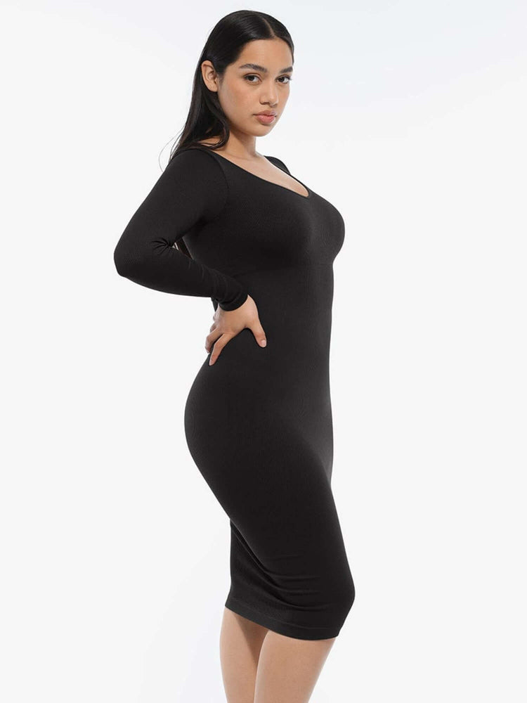 v-neck long sleeve body shaper dress in black, flattering midi fit with figure-smoothing silhouette and elegant V-neckline