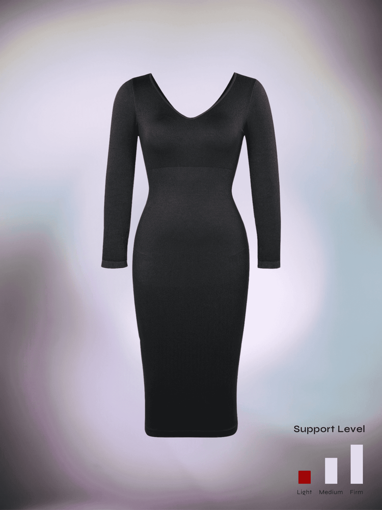 v-neck long sleeve body shaper dress, black midi dress with long sleeves and flattering fitted silhouette for everyday wear