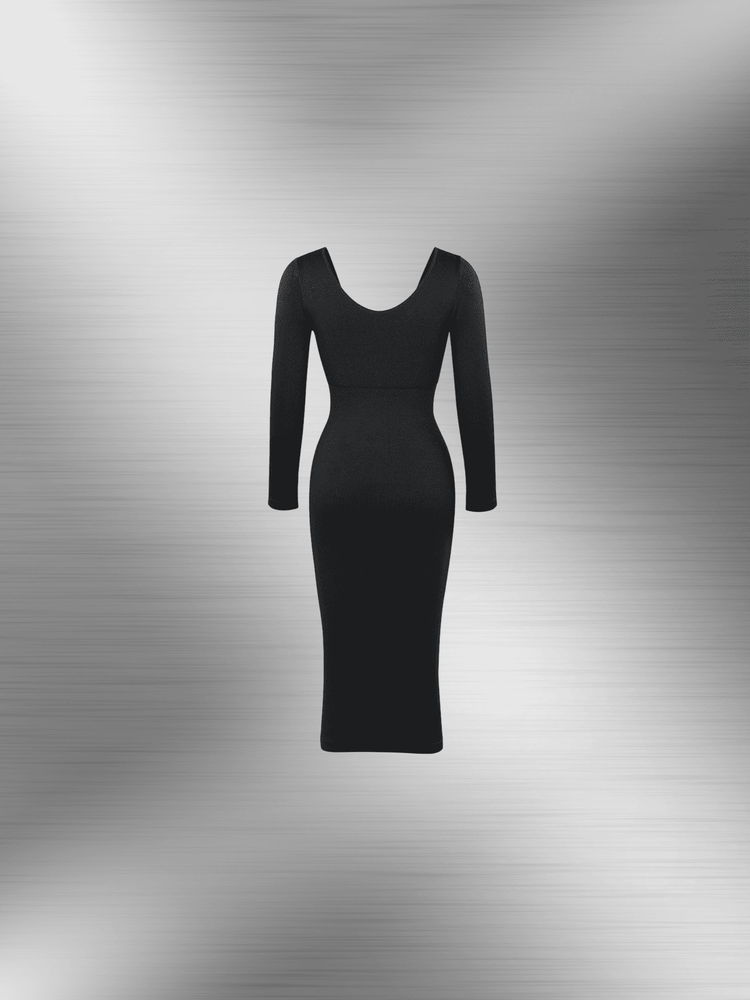 v-neck long sleeve body shaper dress black midi dress with flattering fitted silhouette