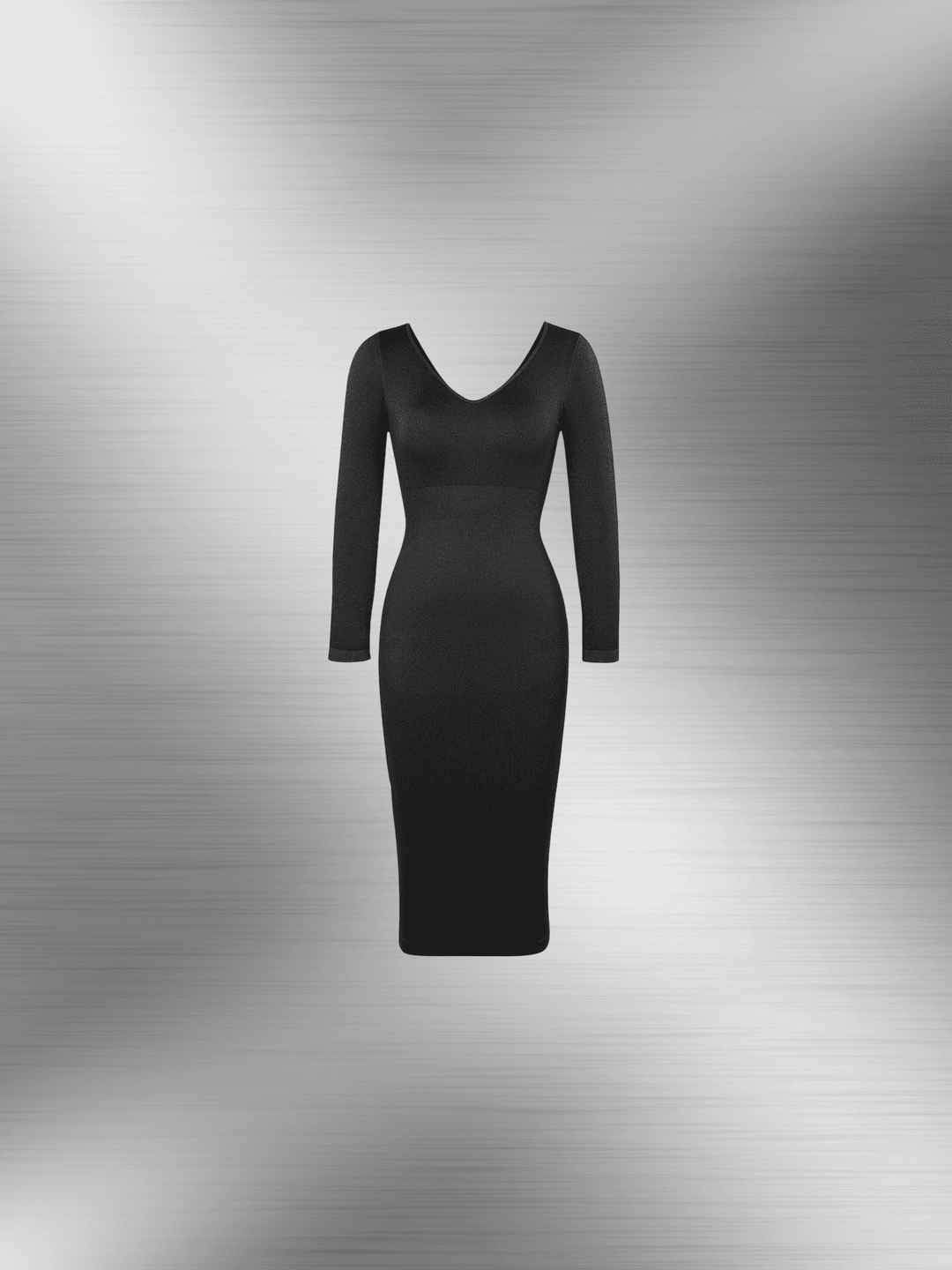 v-neck long sleeve body shaper dress, black midi bodycon dress with long sleeves and flattering fitted silhouette