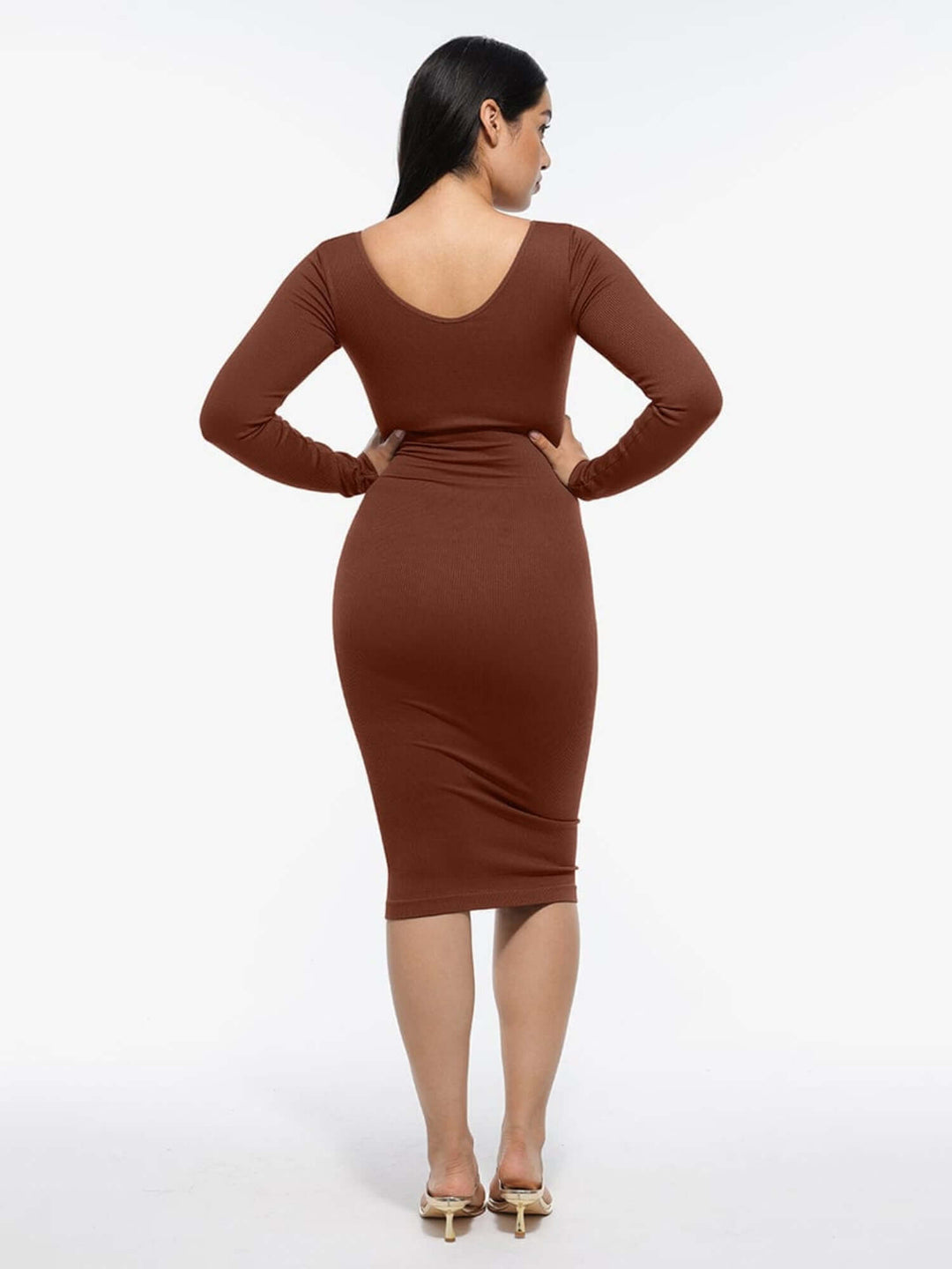 v-neck long sleeve body shaper dress, back view of a fitted brown midi dress with long sleeves and V-neckline