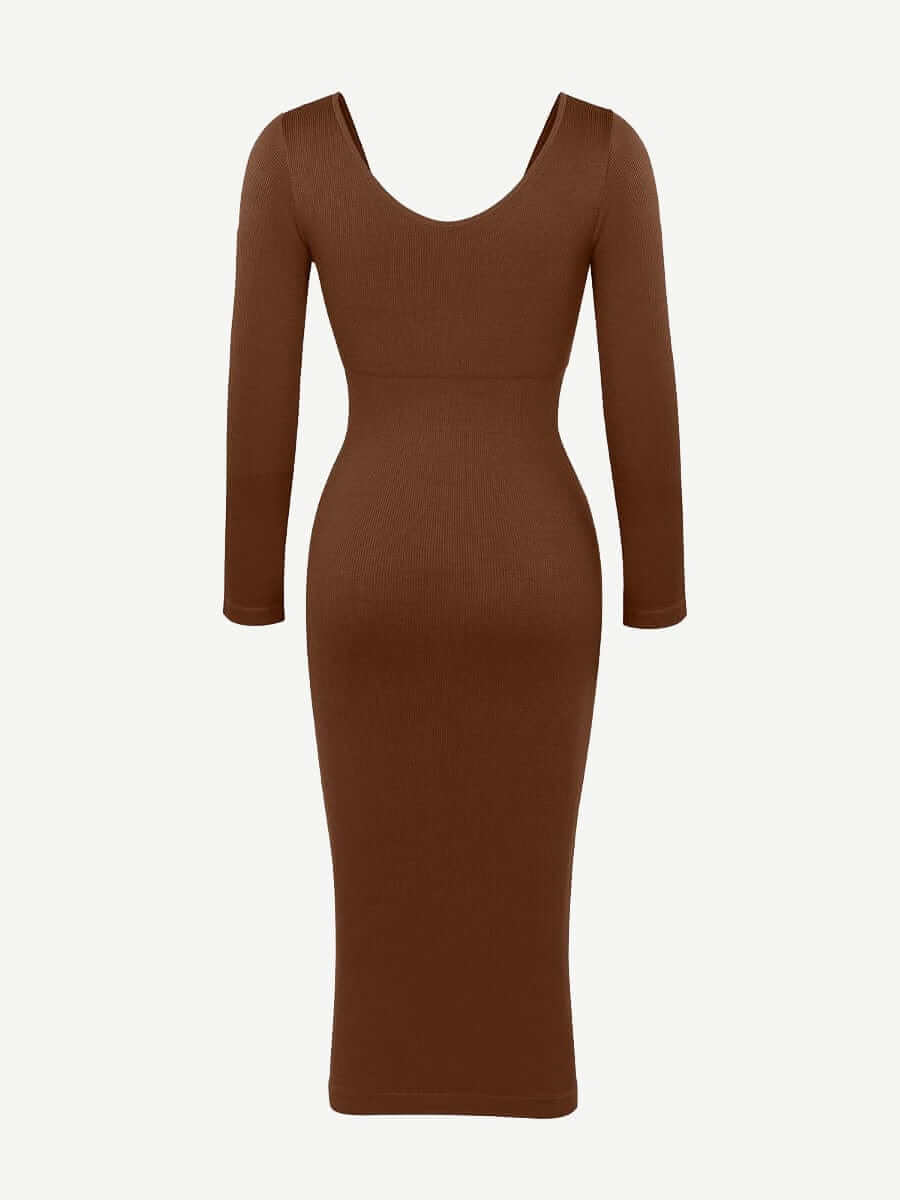 v-neck long sleeve body shaper dress in brown, figure-flattering midi dress with long sleeves and sleek silhouette