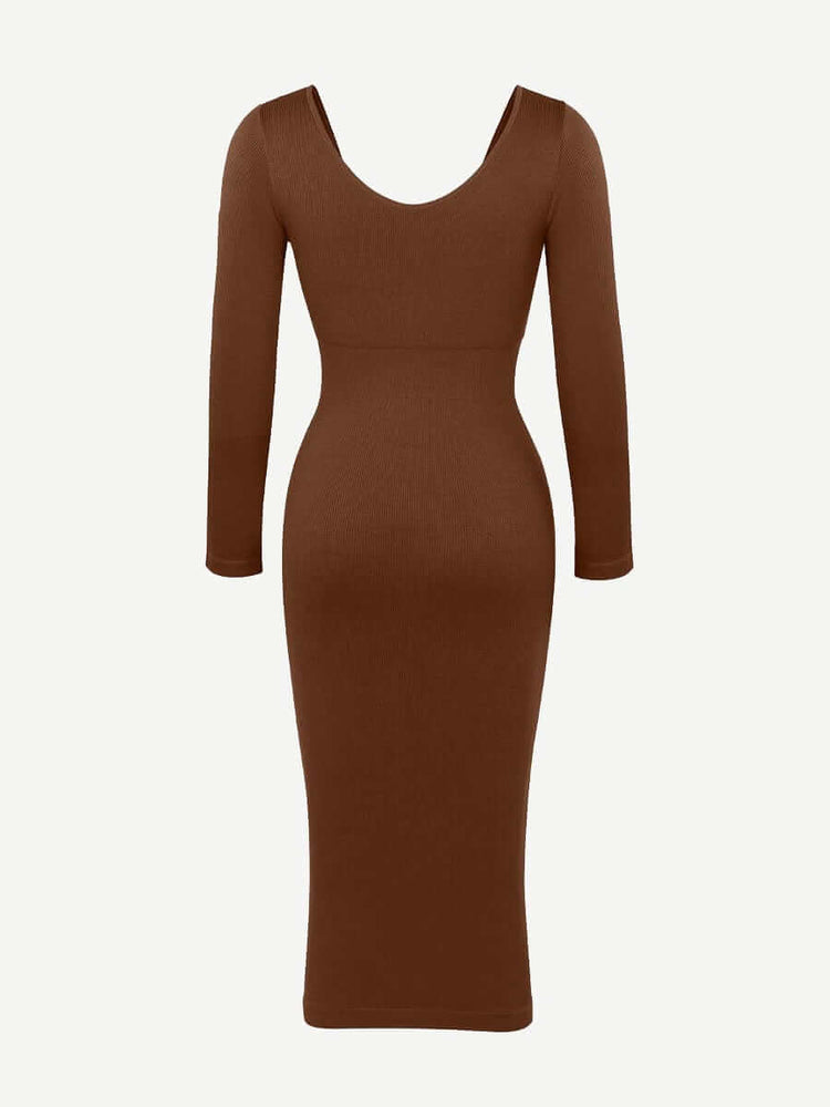 v-neck long sleeve body shaper dress in brown, figure-flattering midi dress with long sleeves and sleek silhouette