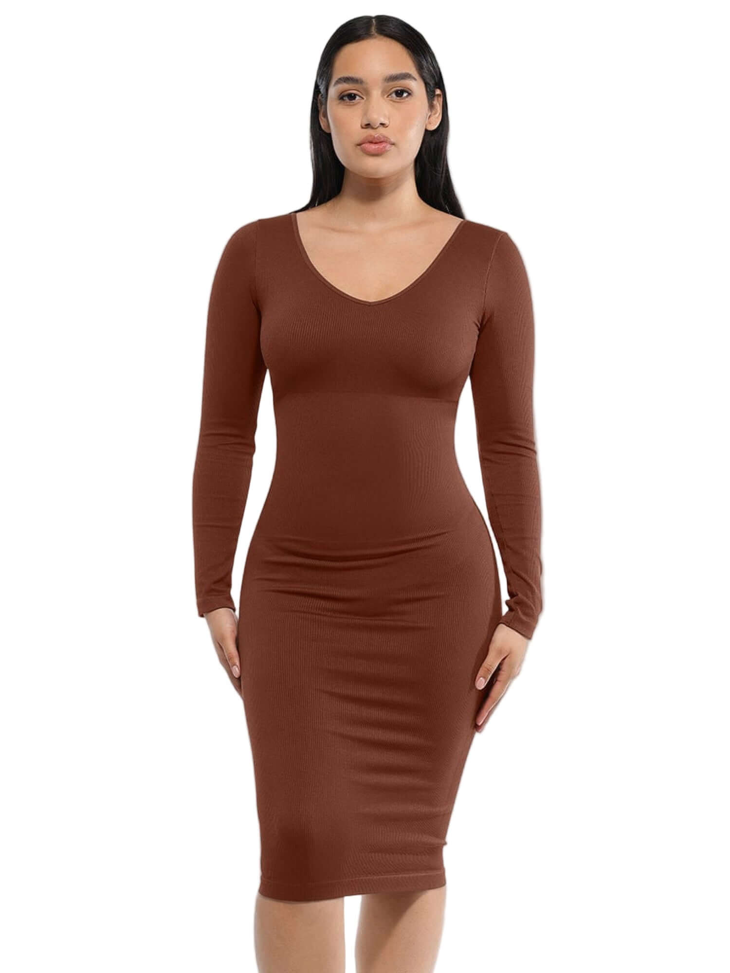 v-neck long sleeve body shaper dress in brown, fitted midi silhouette with flattering light control and long sleeves