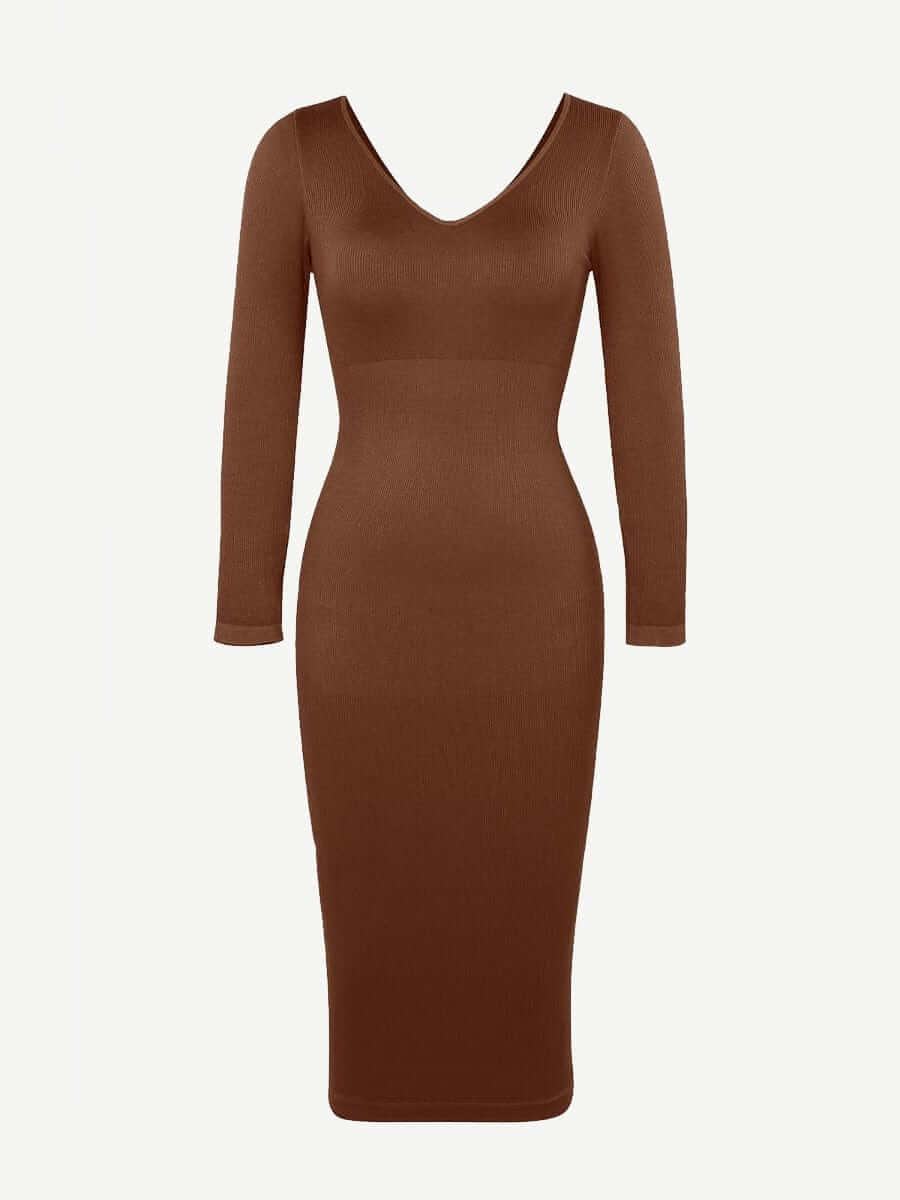 v-neck long sleeve body shaper dress in brown, fitted midi silhouette with flattering waist shaping and long sleeves