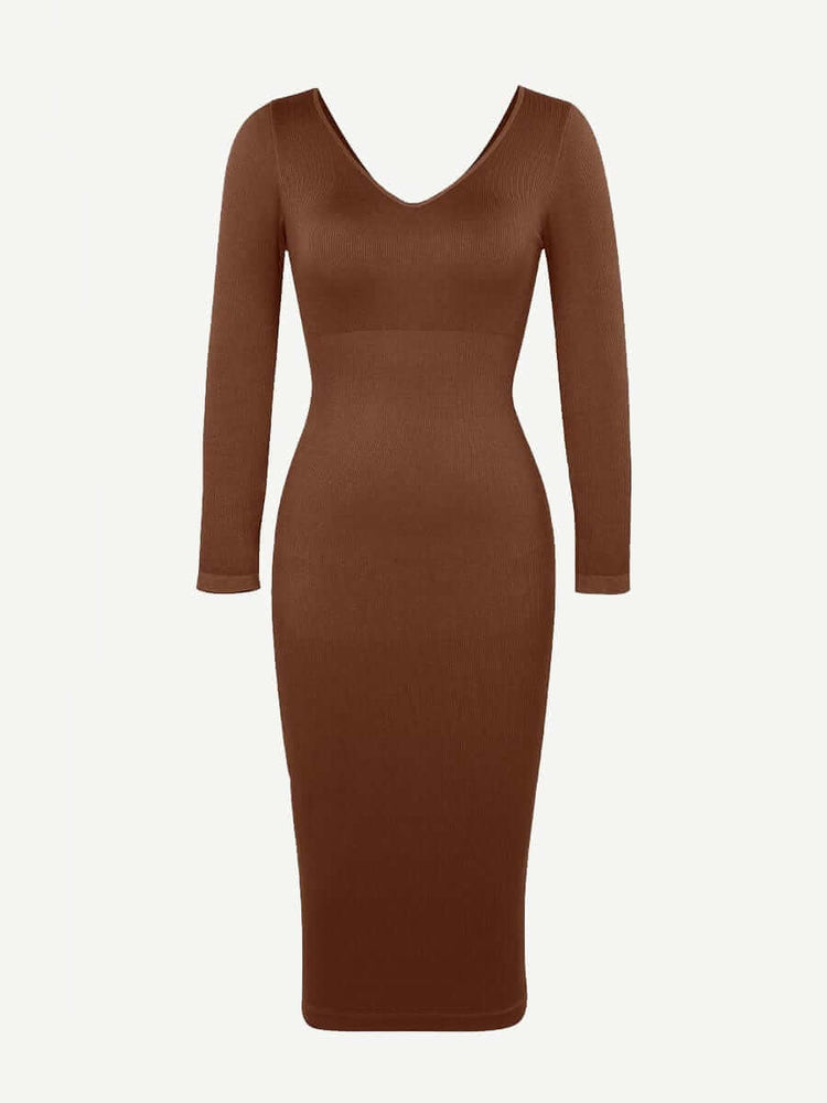v-neck long sleeve body shaper dress in brown, fitted midi silhouette with flattering waist shaping and long sleeves