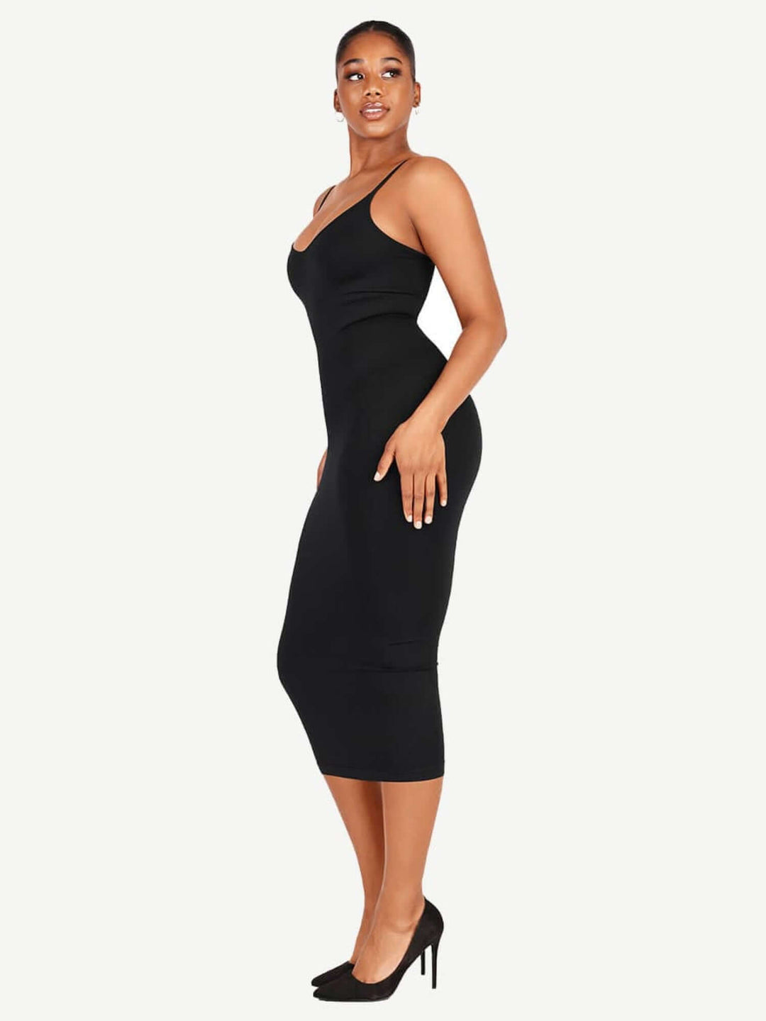 v-neck maxi shapewear dress in black with flattering bodycon fit and plunge neckline for a sleek weekend look