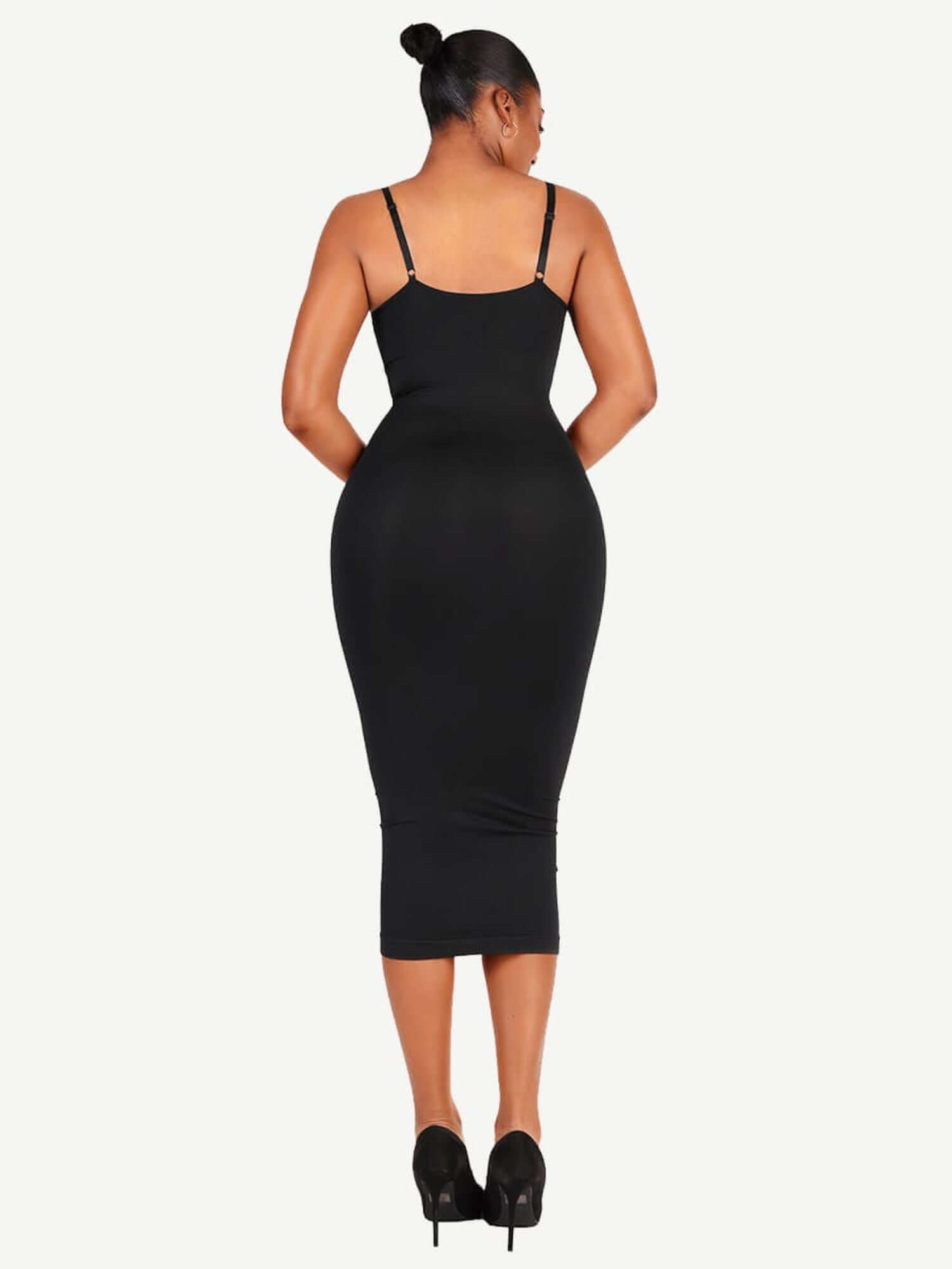 v-neck maxi shapewear dress black bodycon midi silhouette with spaghetti straps and back view