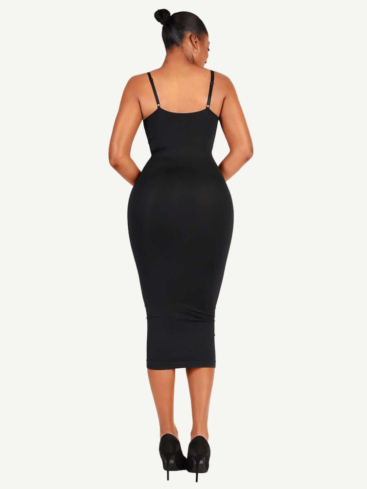 v-neck maxi shapewear dress black bodycon midi silhouette with spaghetti straps and back view