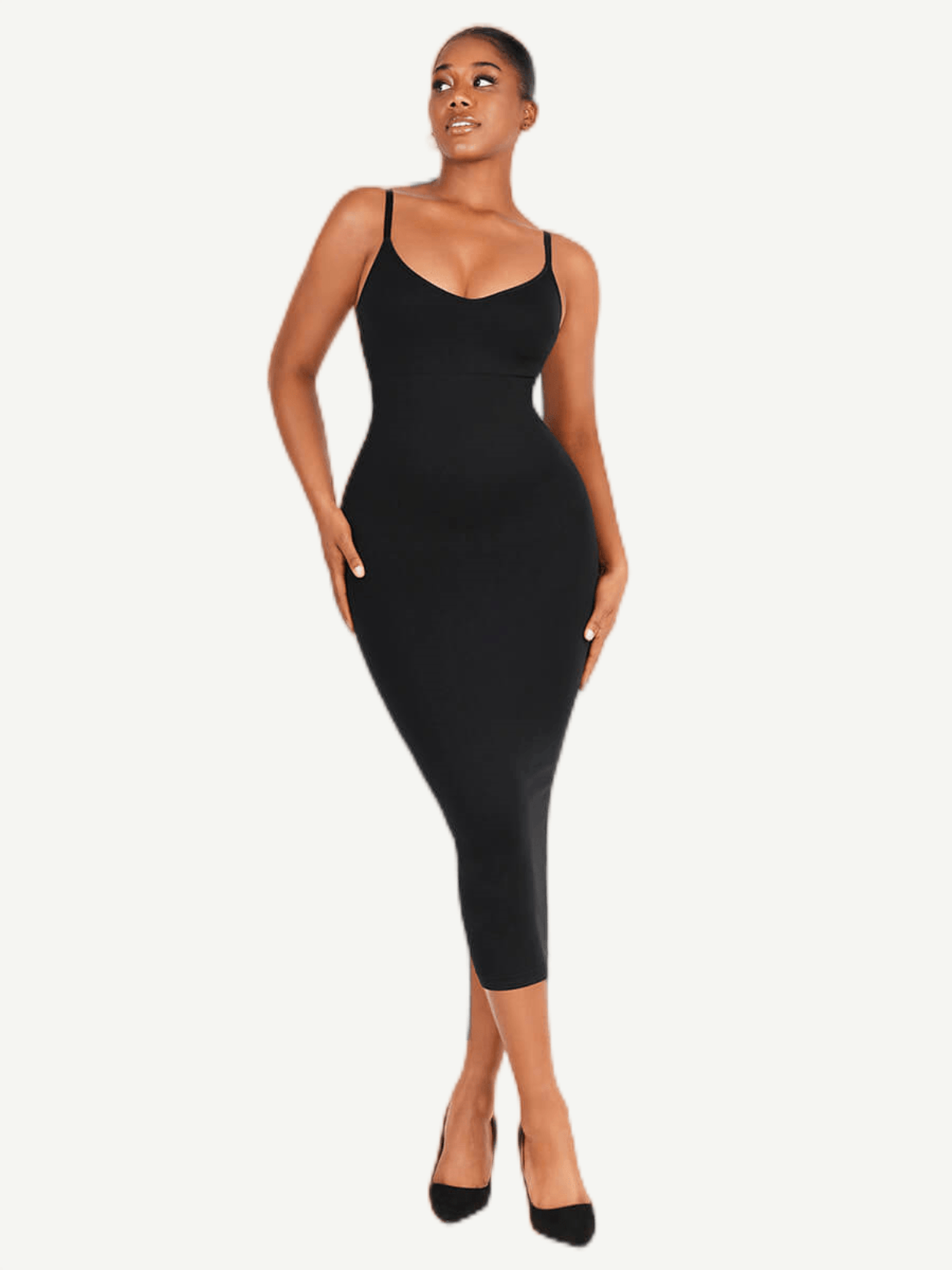 v-neck maxi shapewear dress in black, slim-fit women's bodycon maxi dress with spaghetti straps and plunge neckline
