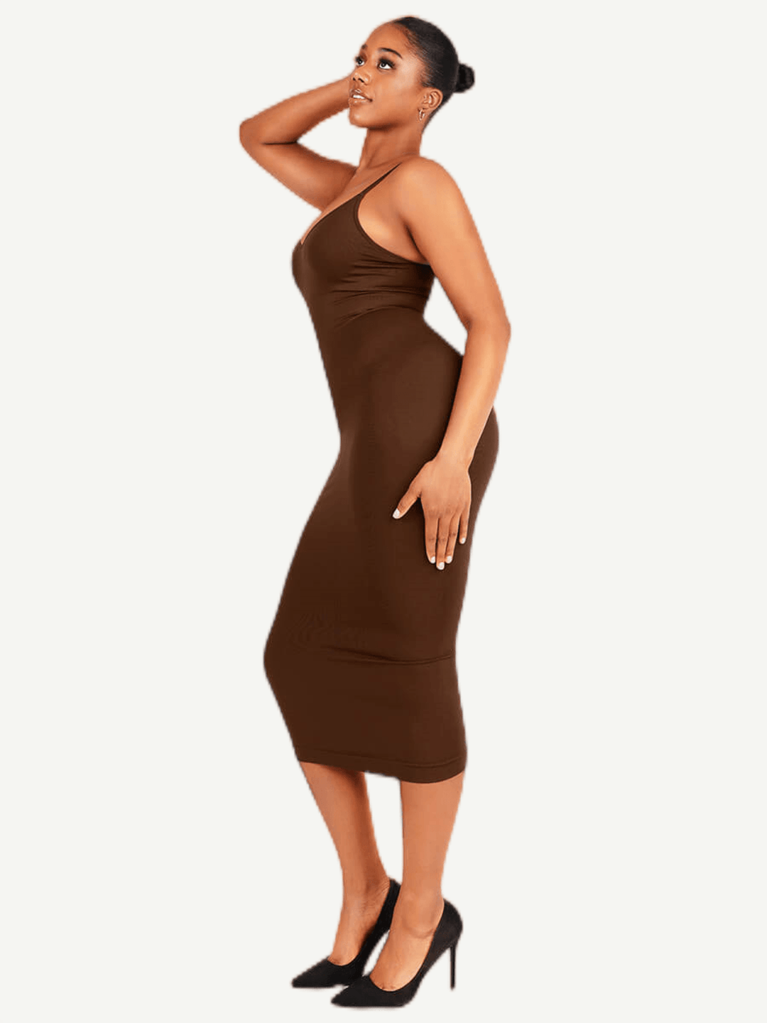 v-neck maxi shapewear dress in brown, fitted midi-length style with plunge neckline and high heels