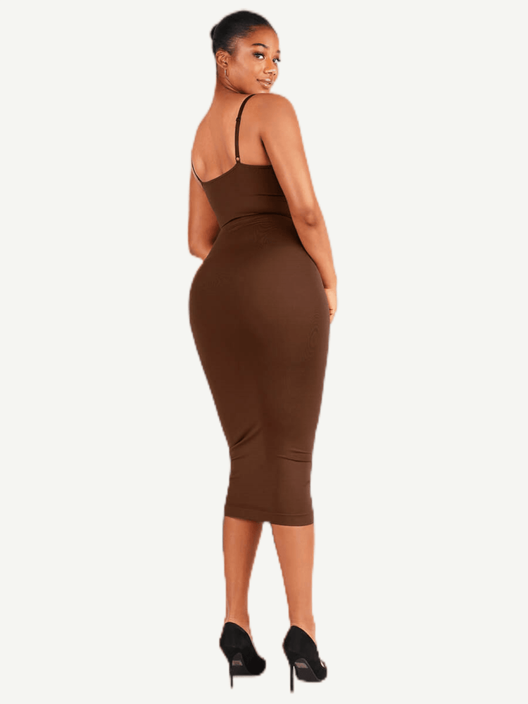 v-neck maxi shapewear dress on woman in brown bodycon style with plunge back and heels