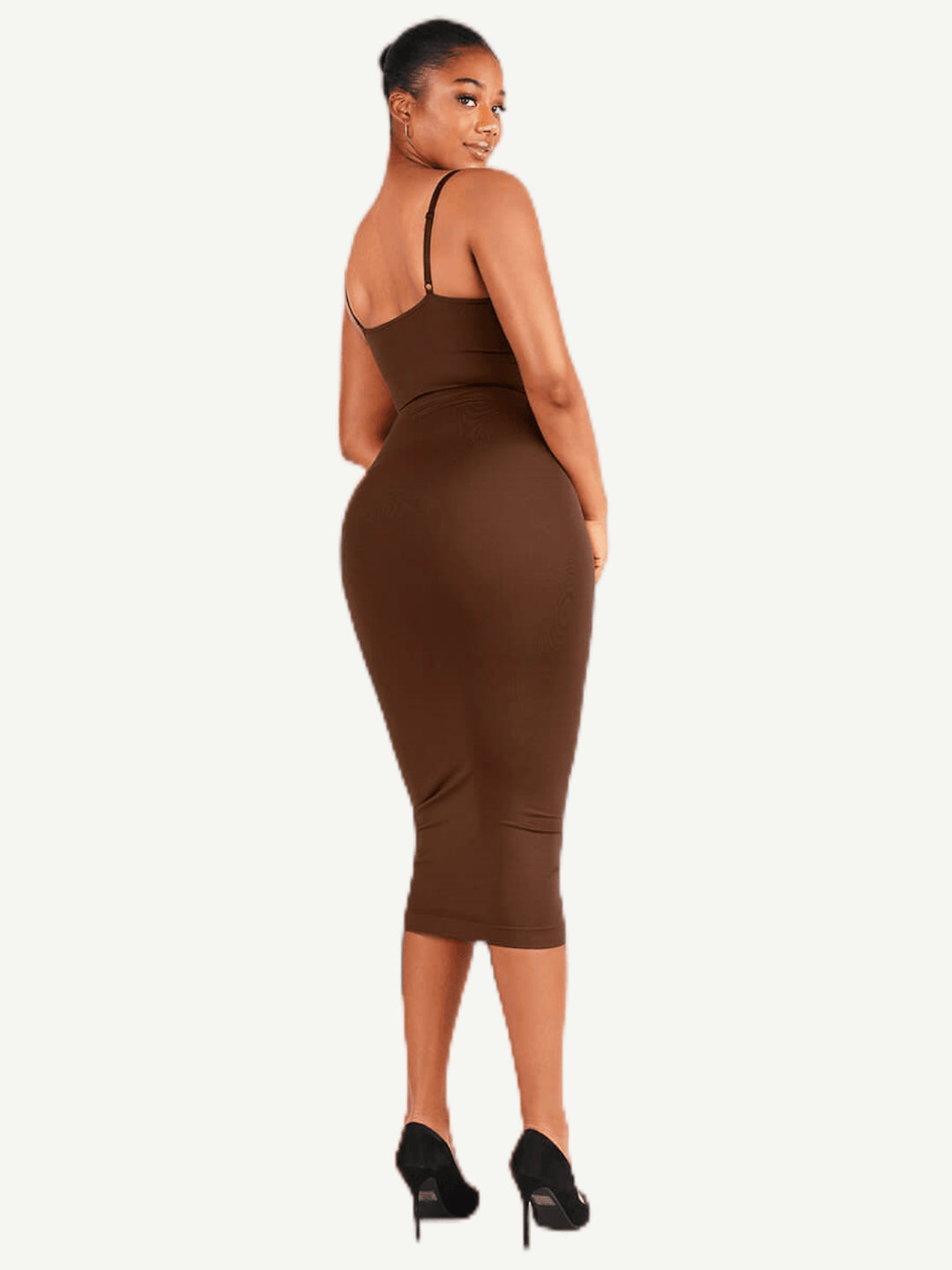 v-neck maxi shapewear dress on woman in brown bodycon style with plunge back and heels