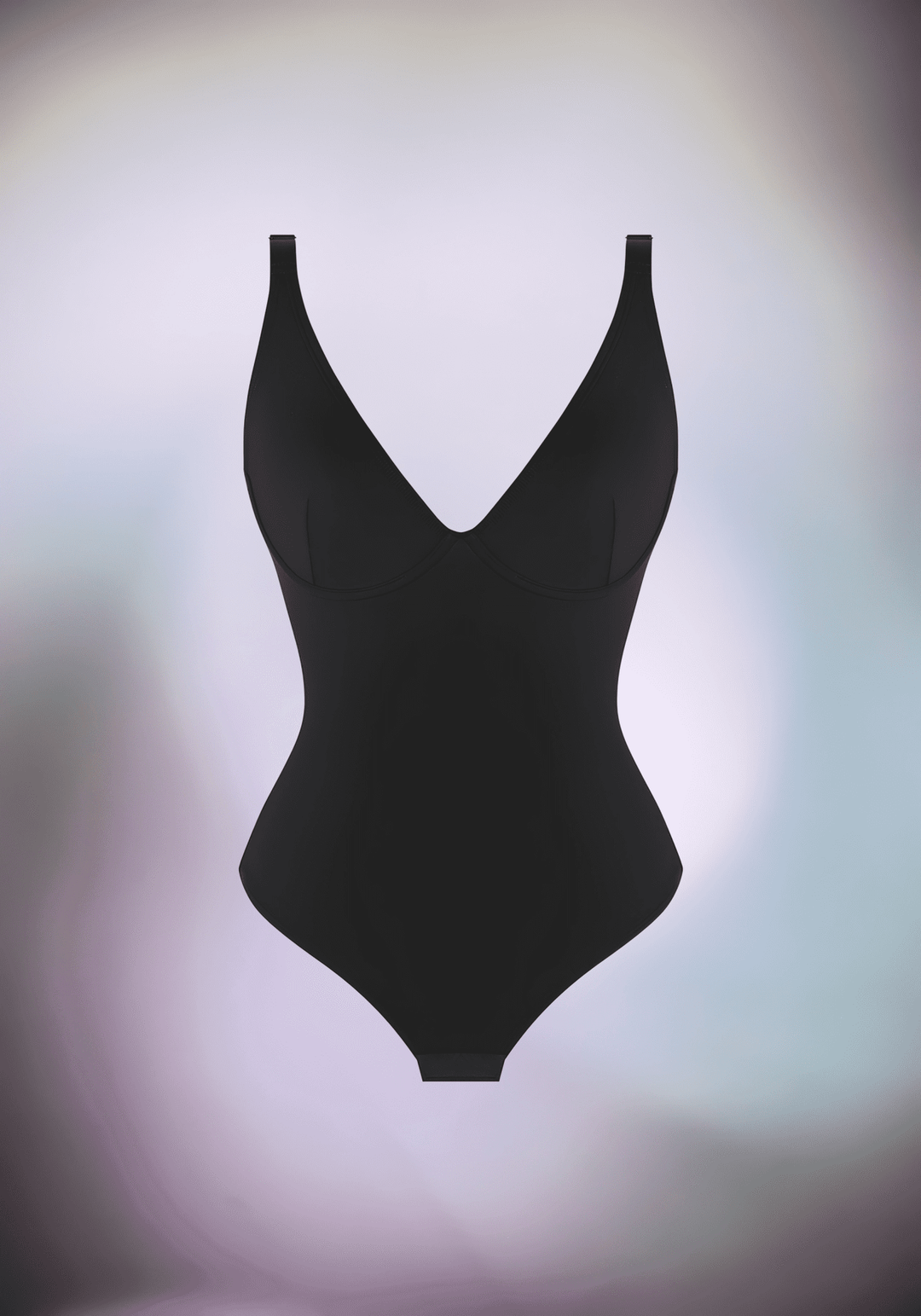 v-neck one-piece bodysuit with deep V neckline, sculpting fit, and minimalist black design