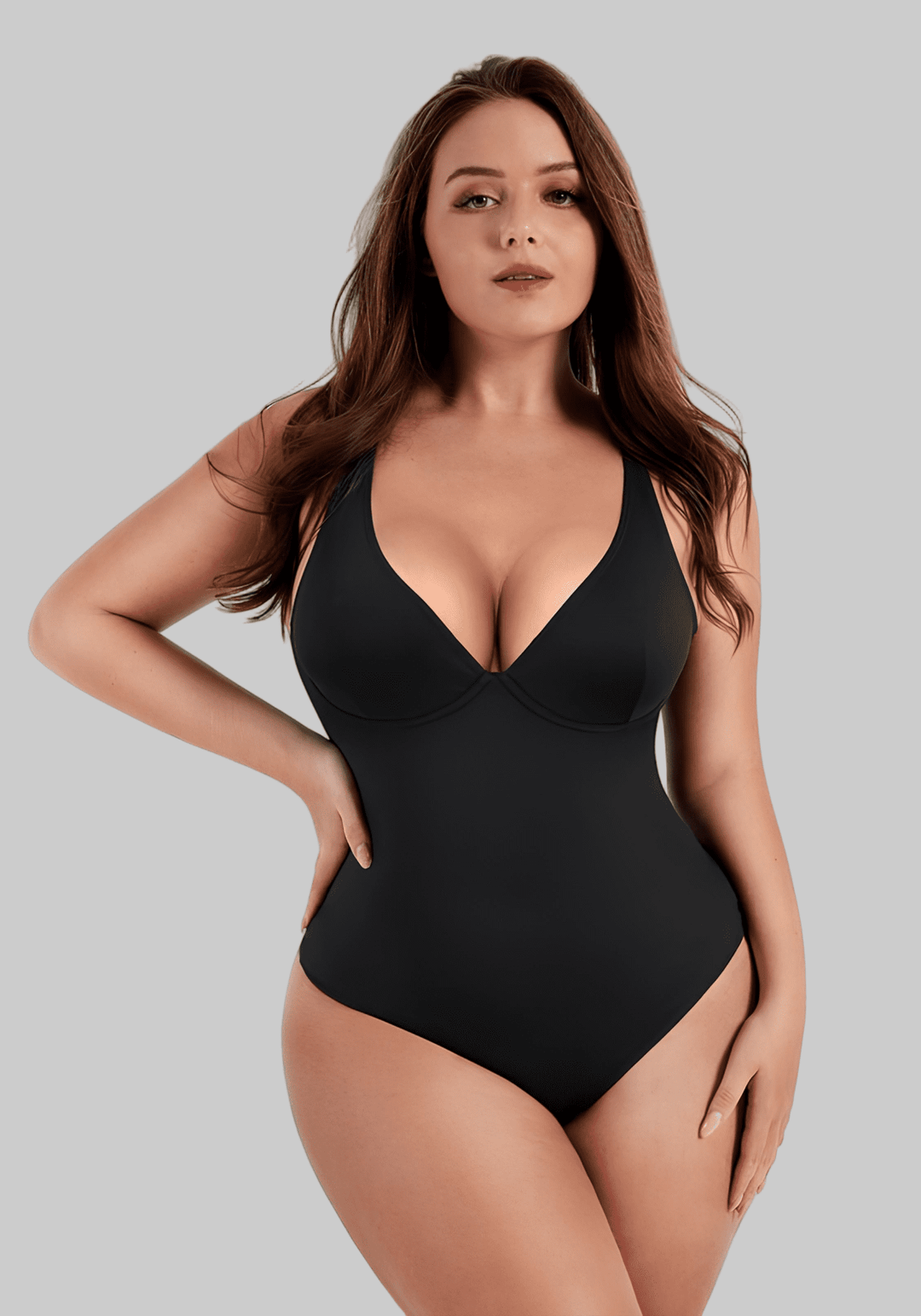 v-neck one-piece bodysuit with deep plunge neckline, slimming fit, and low-back style for elegant dresses