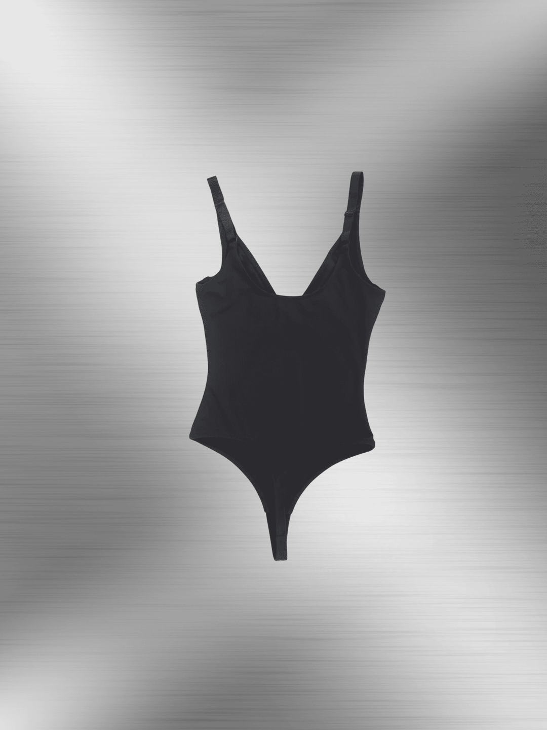 v-neck one-piece bodysuit in black with deep V-neckline and slimming fit for dresses and low-back styles