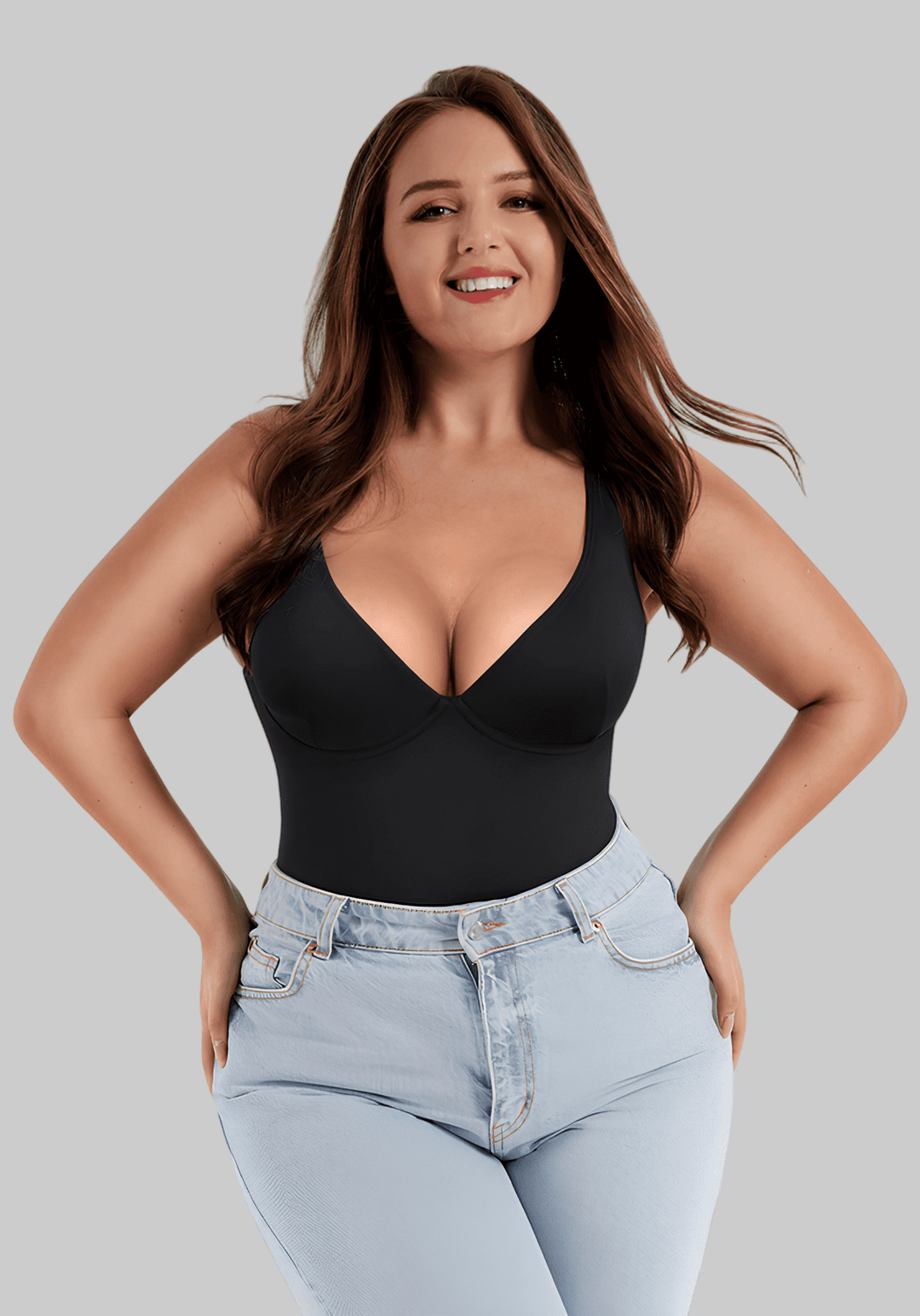 v-neck one-piece bodysuit black slimming bodysuit with deep V-neck, tummy control, and U-shaped back