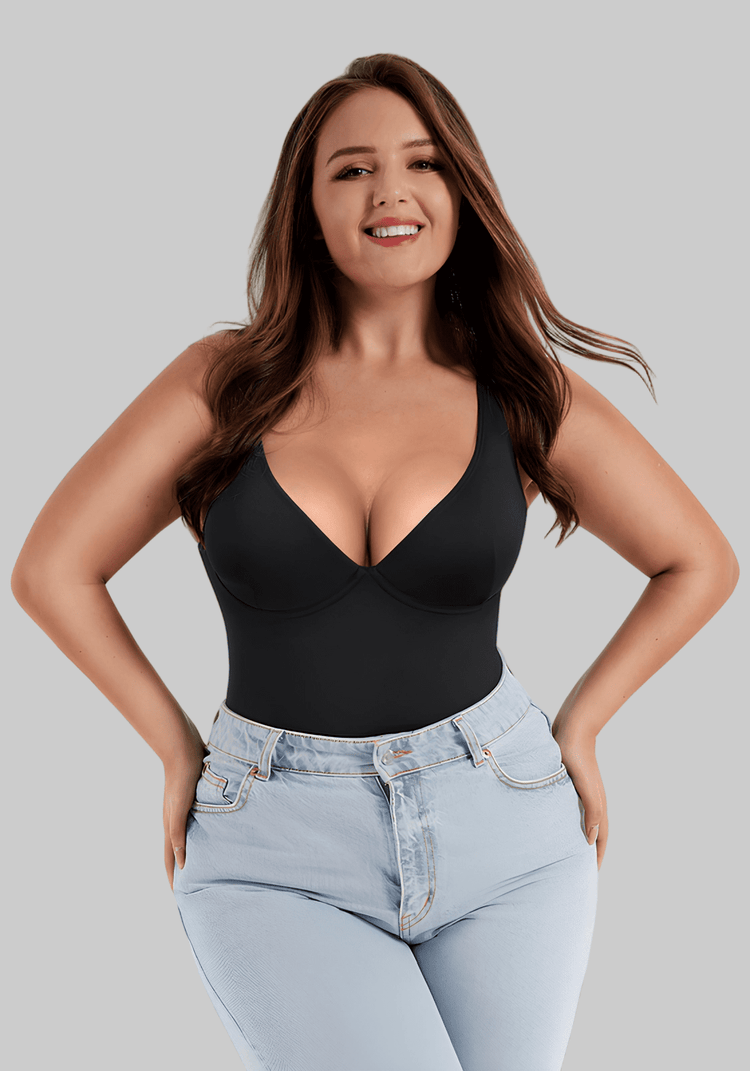 v-neck one-piece bodysuit black slimming bodysuit with deep V-neck, tummy control, and U-shaped back